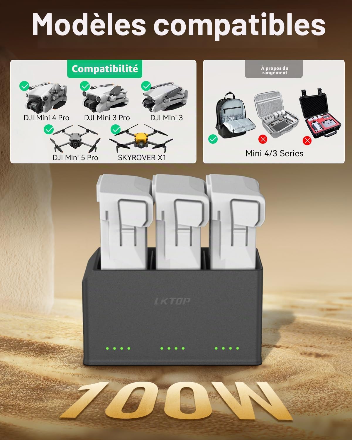 Hub de Charge DJI Mini 4 Pro/3 Series - 100W Bidirectionnel avec LED de Stockage, Mode Alarme, Chargeur Rapide 3X