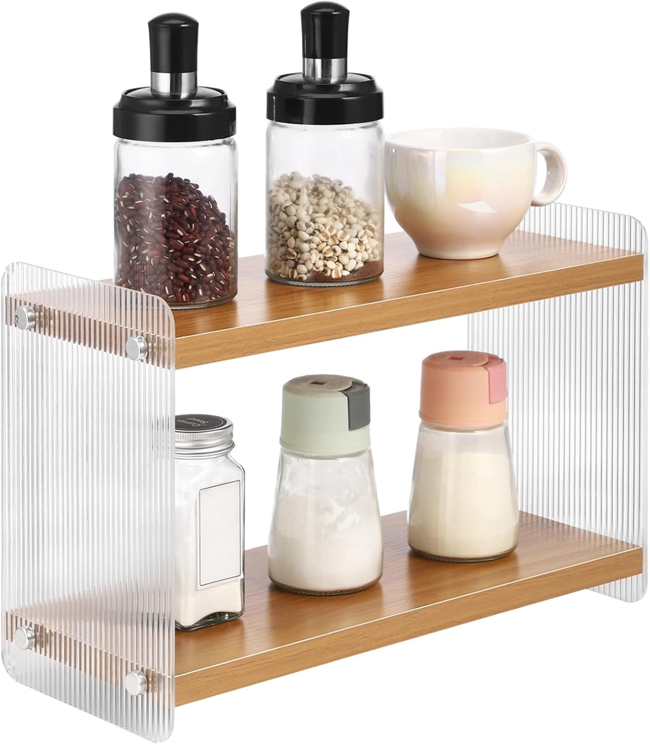 2 Tier Wood Acrylic Organizer, Coffee Station Countertop Display Shelf, 13.8 in for Coffee, Tea Room, Matcha Bar, Coffee, Mugs, & More