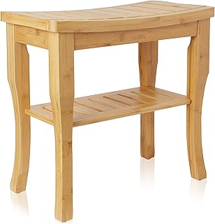 Casafield Bamboo Shower Bench with Storage Shelf, Wooden 2-Tier Bathroom Spa Stool for Indoor or Outdoor Use
