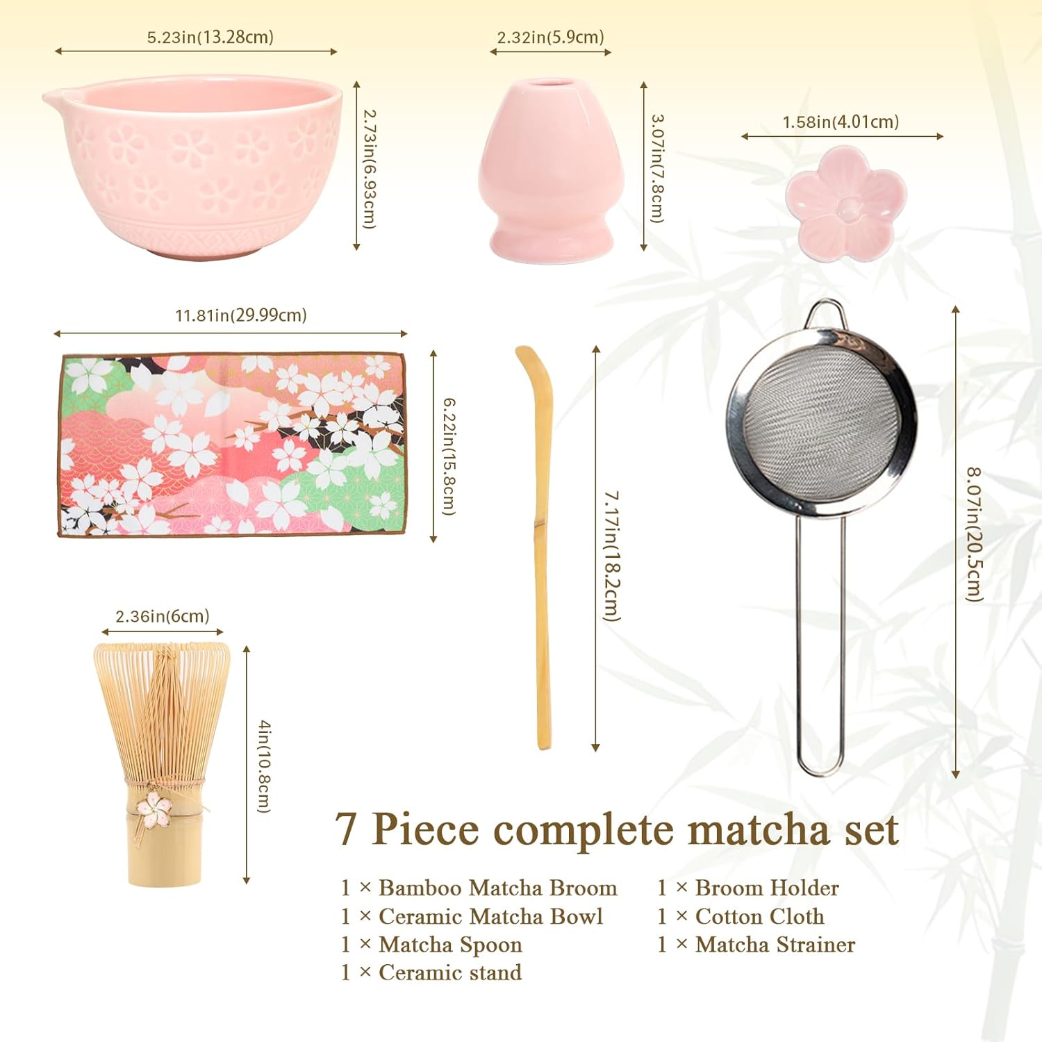 Matcha Whisk Set, Complete 7-in-1 Matcha Set Includes Matcha Bowl, Bamboo Whisk (100+ Prongs) & Holder, Bamboo Scoop & Rest, Stainless Sifter, Tea Towel, Ideal Matcha Kit for Making Matcha (pink)