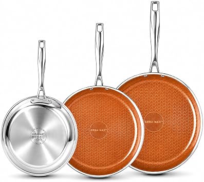 CERAMAX by GOTHAM STEEL 3Pc Hybrid Stainless Steel Non Stick Frying Pan Set | 8,10,12 inch Ceramic Fry Pans Skillet Set, Induction Ready, Made without PFAS/PFOA, Oven & Dishwasher Safe - Copper