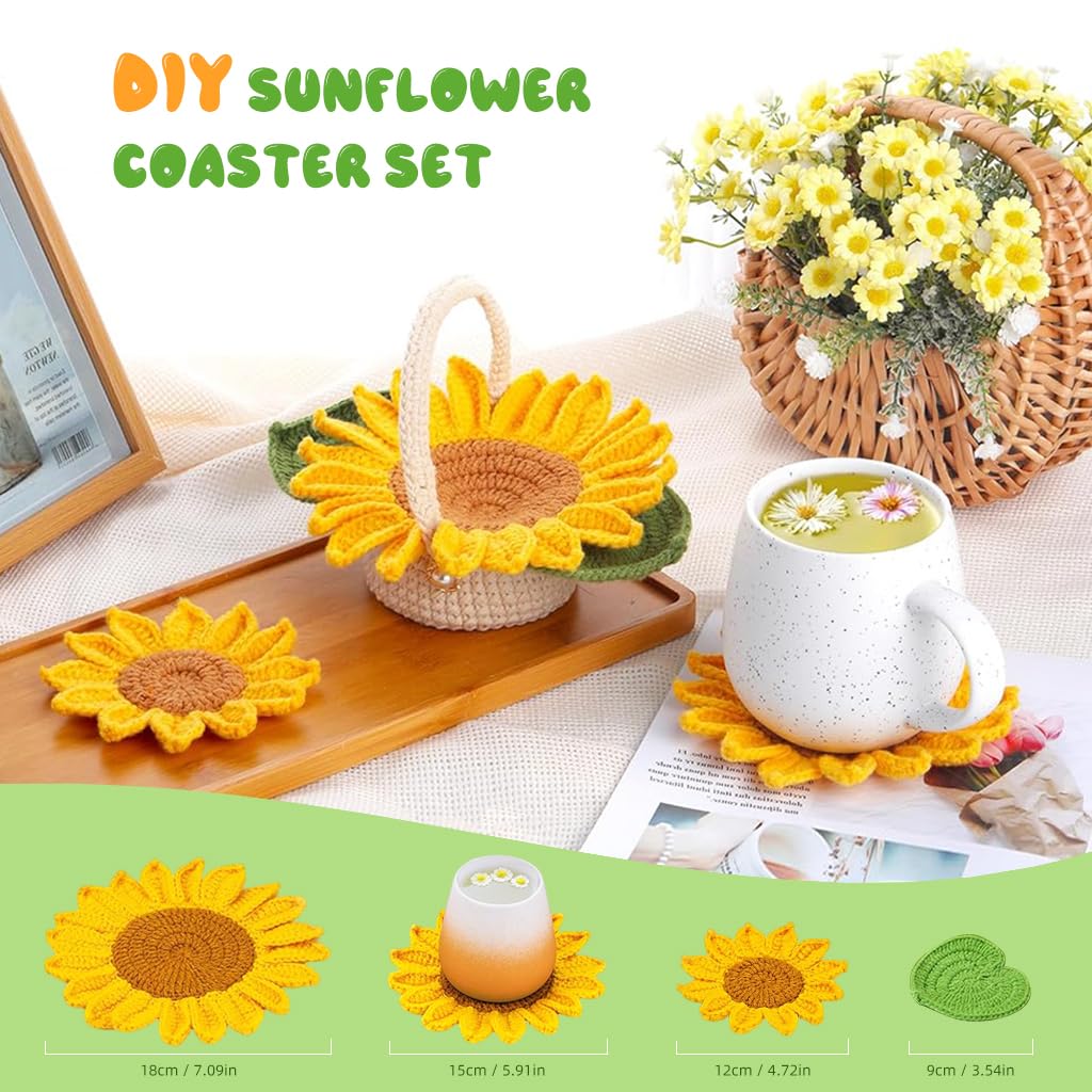 PATPAT Crochet Kit DIY Sunflower Basket Kit Set of 5Pcs Beginners Yellow 3