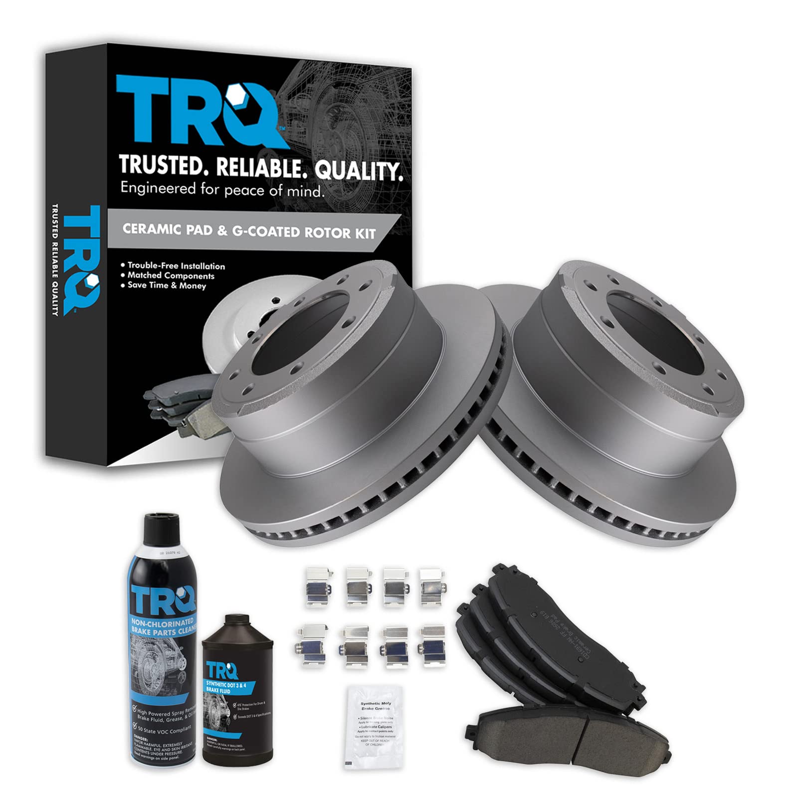TRQ Rear Brake Pad &amp; Rotor Kit, with Chemical Kit Ceramic Premium G-Coated Compatible with 2013-2019 Ford F-250 Super Duty F-350 Super Duty
