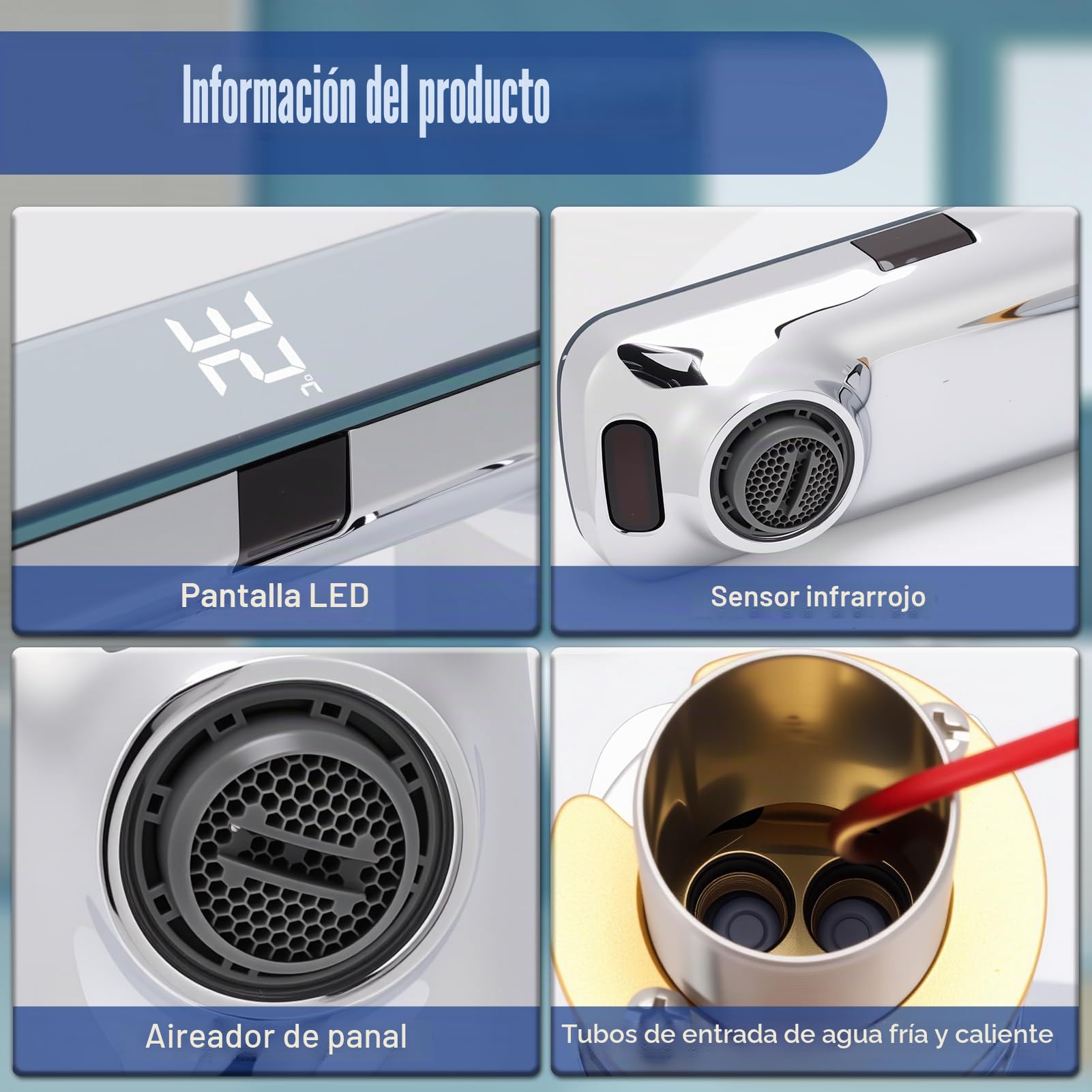 Gugxiom Grifo de Baño sin Contacto, Grifo de Lavabo de Baño con Sensor Automático LED Manos Libres, Núcleo de Válvula de Cerámica, para Baños Cocinas Aseos