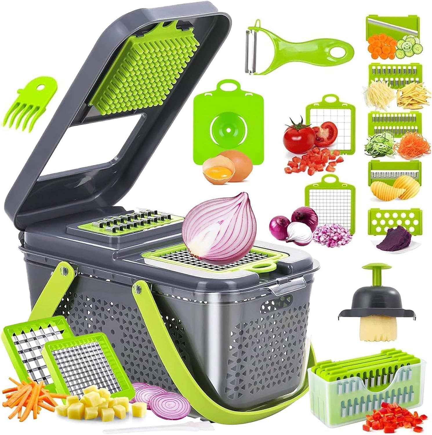 22 in 1 Vegetable Chopper Cutter with Container and Interchangeable Blades, Manual Food Chopper with Slicing Dicing Julienne Grater Blades, Egg Separator and Peeler-image-47