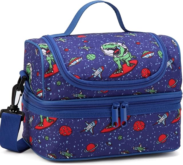 Kasgo Lunch Bag for Boys, Insulated Cooler Bag Kids Lunch Box Tote with Dual Compartments and Detachable Adjustable Shoulder Strap in Cool Blue Dinosaur
