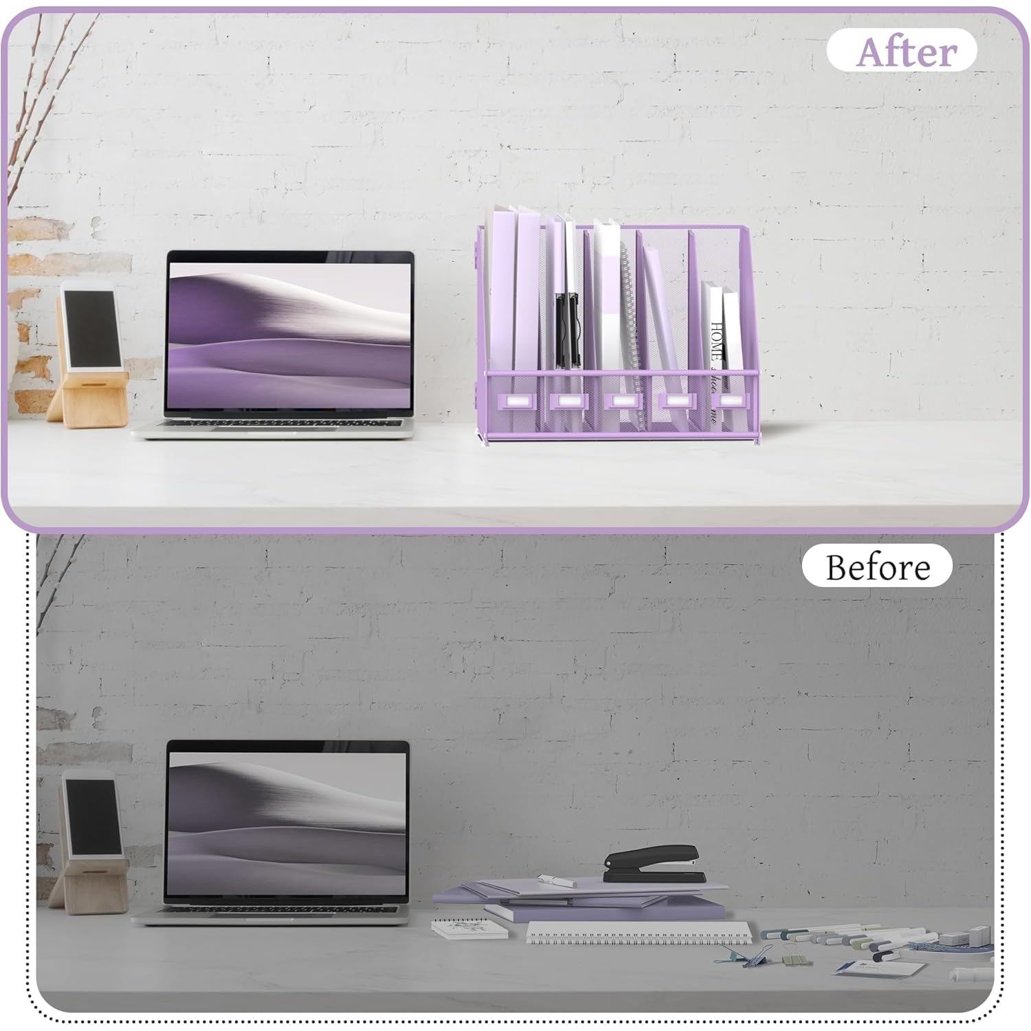 Organiseur de bureau en métal avec 5 compartiments verticaux pour bureau, violet