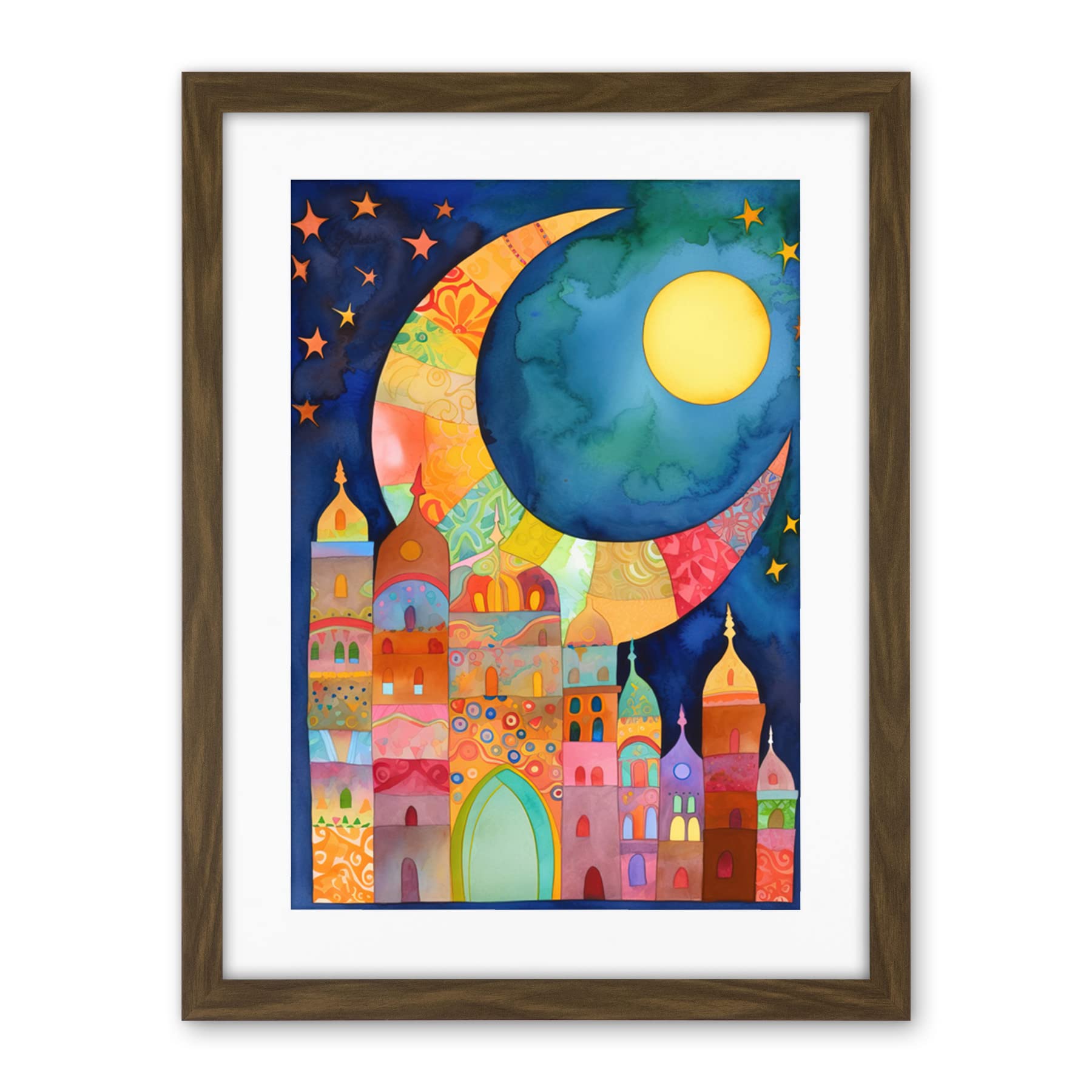 Artery8 Eid Crescent Moon Cityscape Folk Art Watercolour Painting Artwork Framed Wall Art Print 18X24 Inch