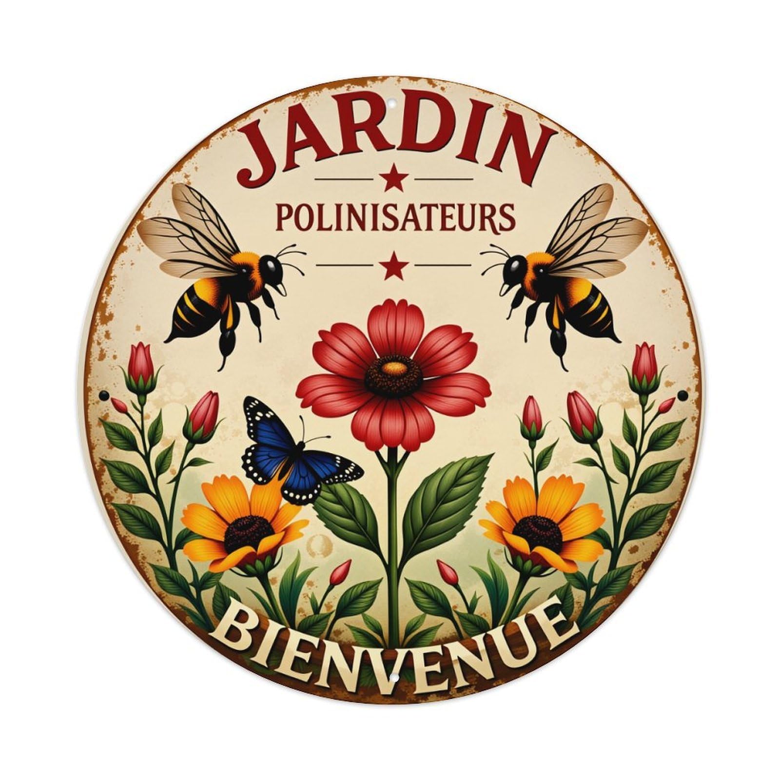 Bee Butterfly Flower Garden Welcome Vintage Metal Tin Sign Retro Wall Decor for Home Bar Garage Cafe, Indoor & Outdoor Decorative，circle Metal Poster, 8x8 Inch