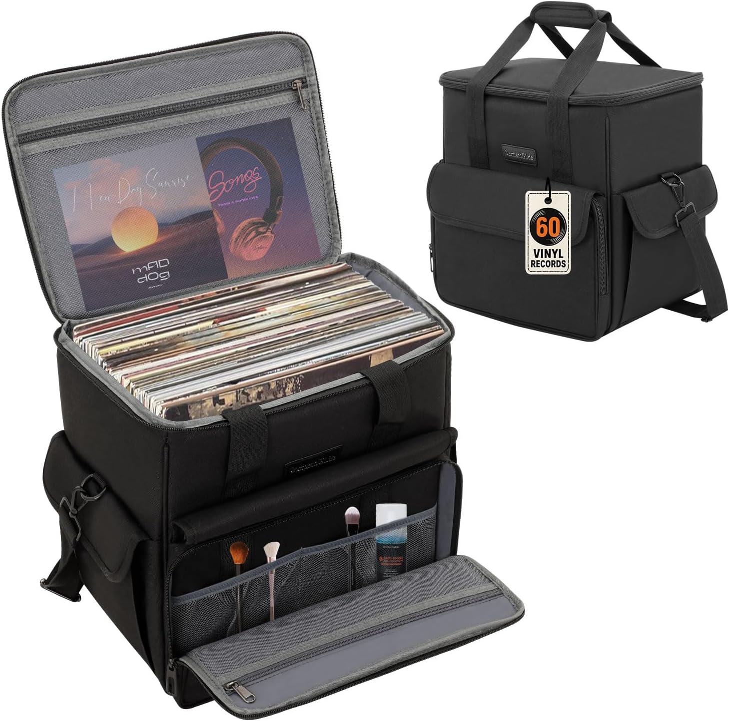 Vinyl Record Case, Vinyl Record Carrying Bag Holds 60 LP(7/10/12 Inch), Water-Resistant Record Storage with 2 Dividers,Travel LP Case for Albums, DJs, Collectors, Idea Gift for vinyl Lovers (Bag Only)