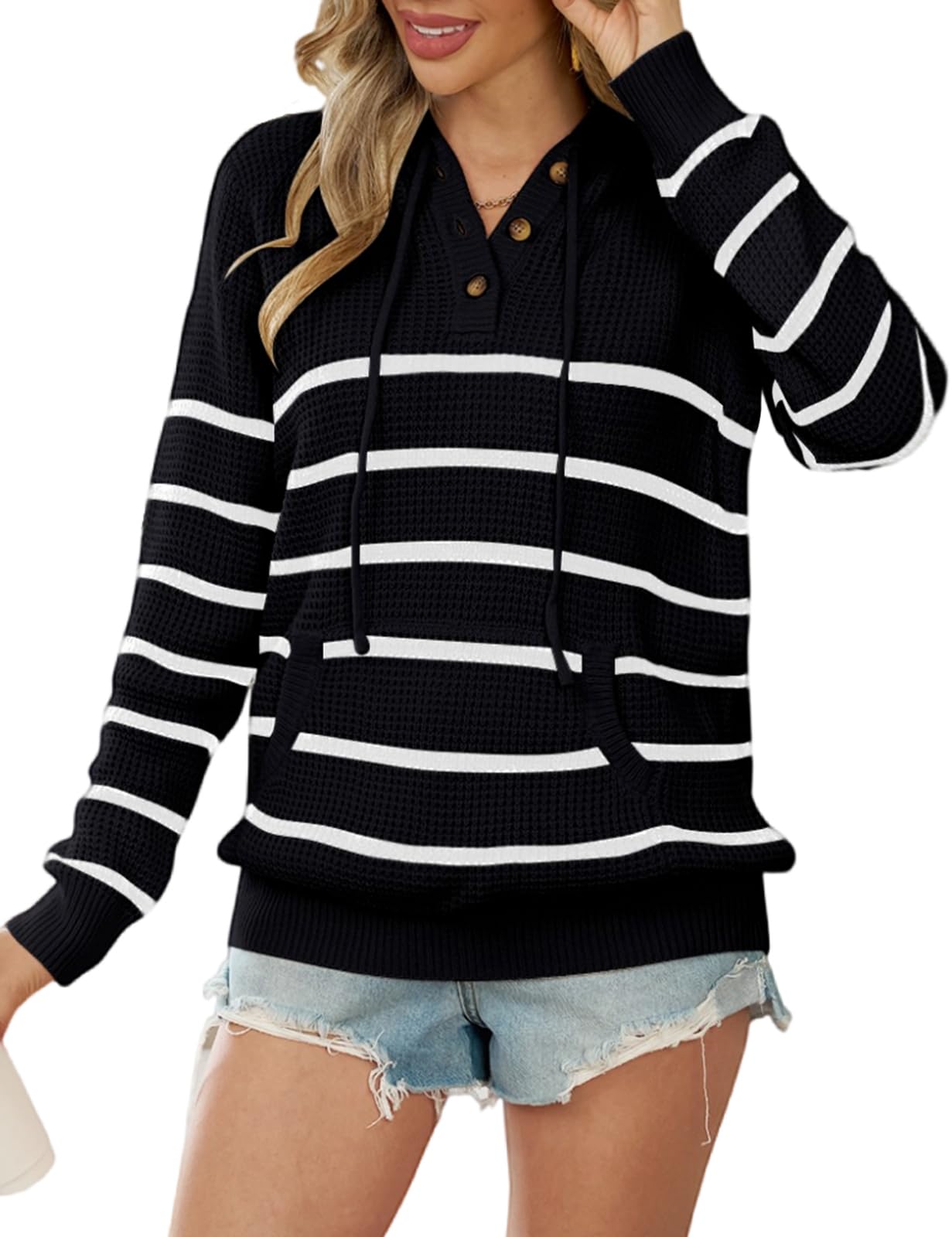 CiCiBird Women's Fall Hoodies Sweater V Neck Waffle Knit Top with Pocket Strip 3 Black S