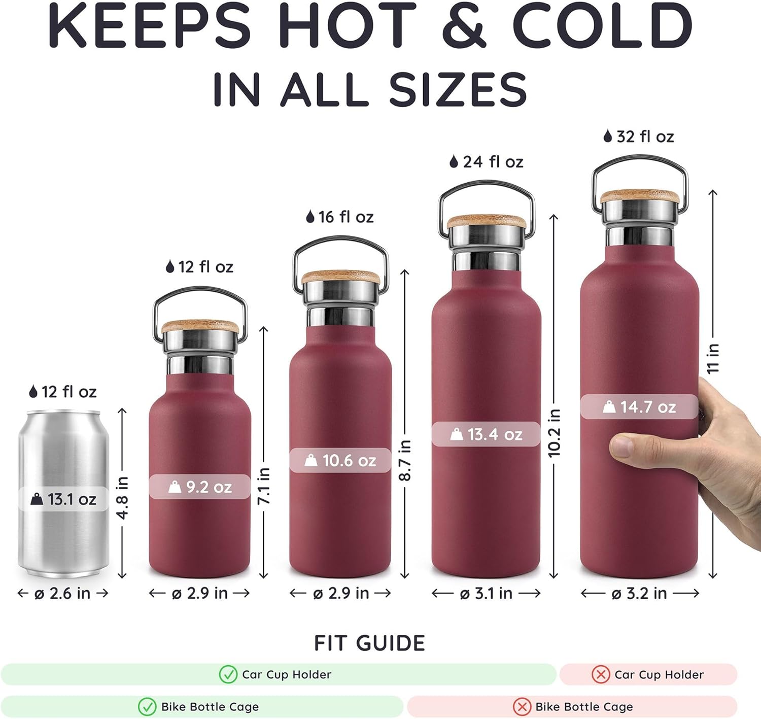 Bambaw 24 oz Insulated Stainless Steel Water Bottle, Red Berry - BPA Free, No Straw - Image 5