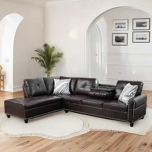 Miniatura 4 de FONTOI Sofá modular en forma de L, sofá modular moderno de 4 asientos con portavasos y ribete de cabeza de clavo, sofá en forma de L de piel gris