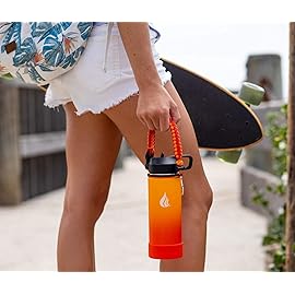 HYDRO CELL Paracord Handle for Wide Mouth Water Bottles - Carrier Strap w/Attachment Ring and Carabiner Accessory. Compatible w/ 64oz, 40oz 32oz, 24oz, 18oz, 14oz Insulated Bottles (Red/Orange)