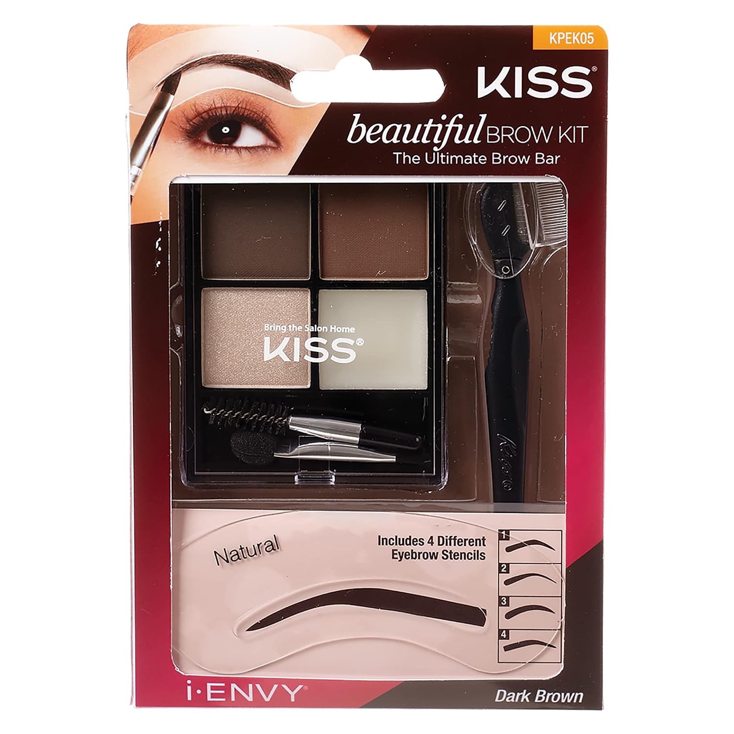 i Envy by Kiss Beautiful Brow Kit Includes Dark Brown, Medium Brown, Highlighter, Wax, Shaper and Applicator, Stencils. Smudge Proof