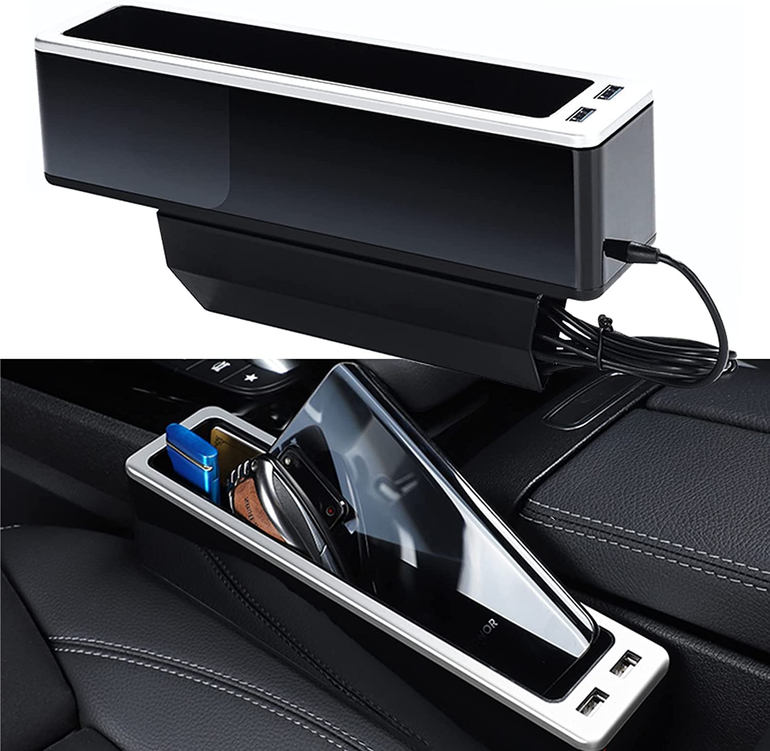 SYOSI Car Seat Gap Organizer Seat Gap Filler Front Automotive Consoles Seat Crevice Storage Box with Two USB Ports Multifunctional Seat Pockets for Cell Phone, Sunglass, Cards, Keys (Driver Side)