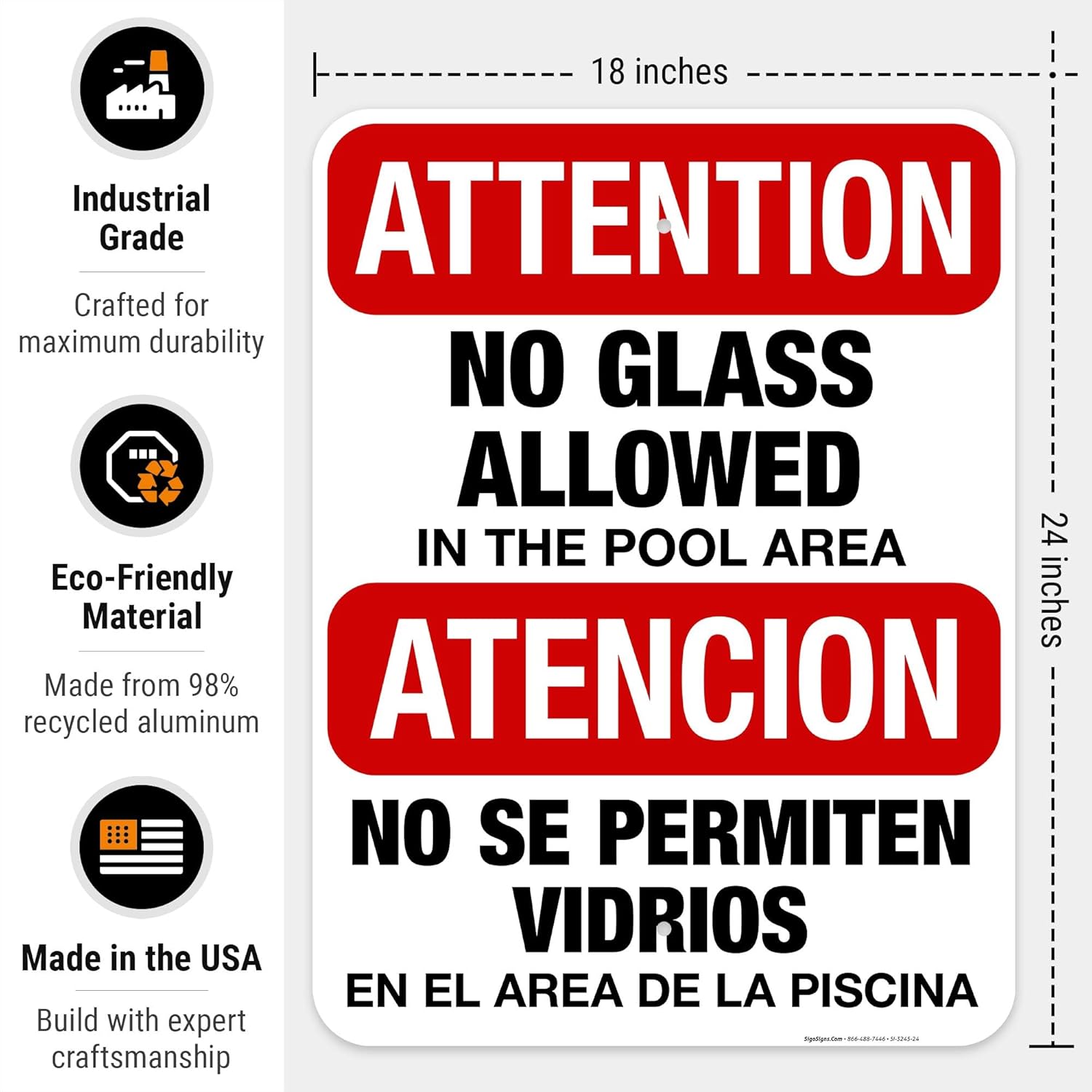 Attention No Glass Allowed Pool Sign, Bilingual Spanish English, 18x24 Inches, Rust Free .063 Aluminum, Fade Resistant, Easy Mounting, Indoor/Outdoor Use, Made in USA
