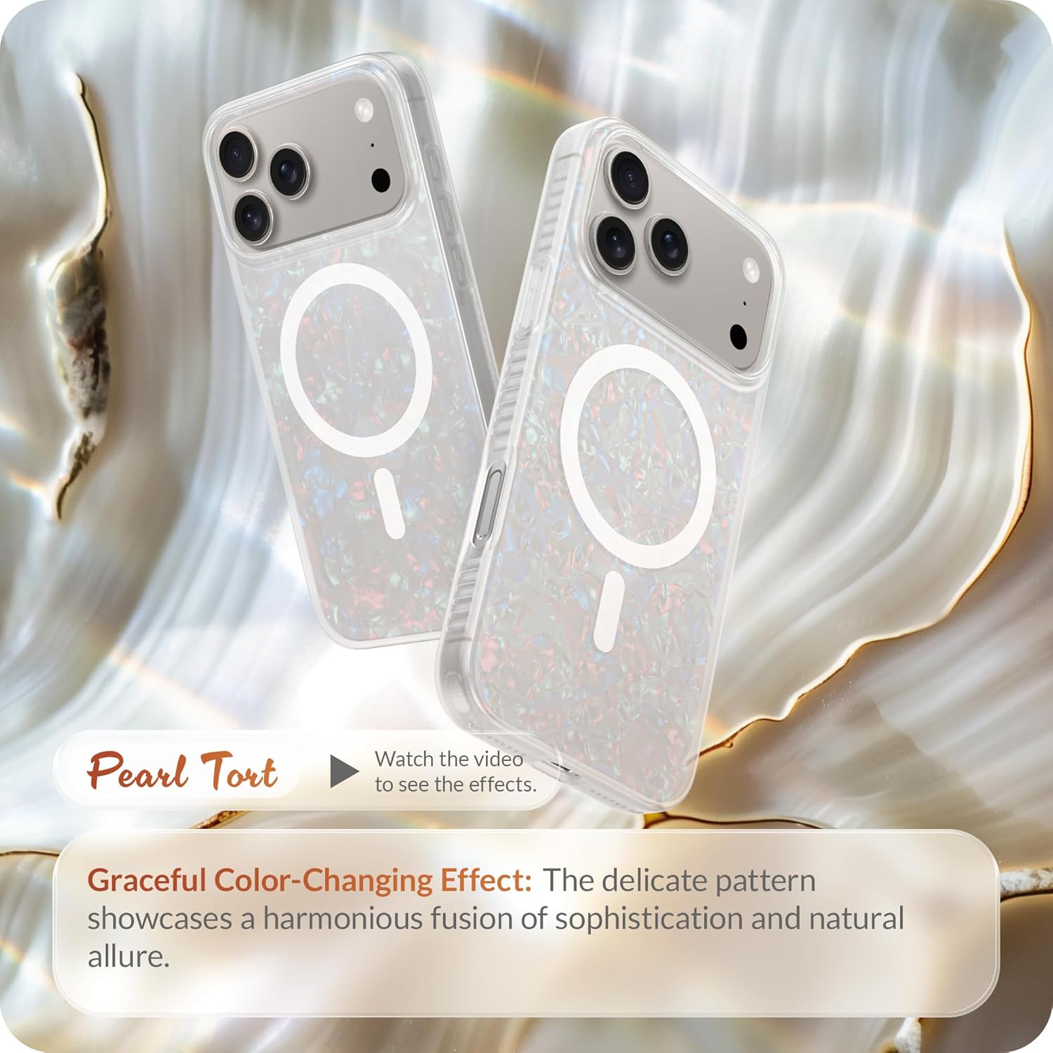 lonli hue for iphone 17 pro case - white pearl tort shockproof magnetic phone cover - [compatible with magsafe] - elegant, unique and aesthetic iphone 17 pro pearl tort