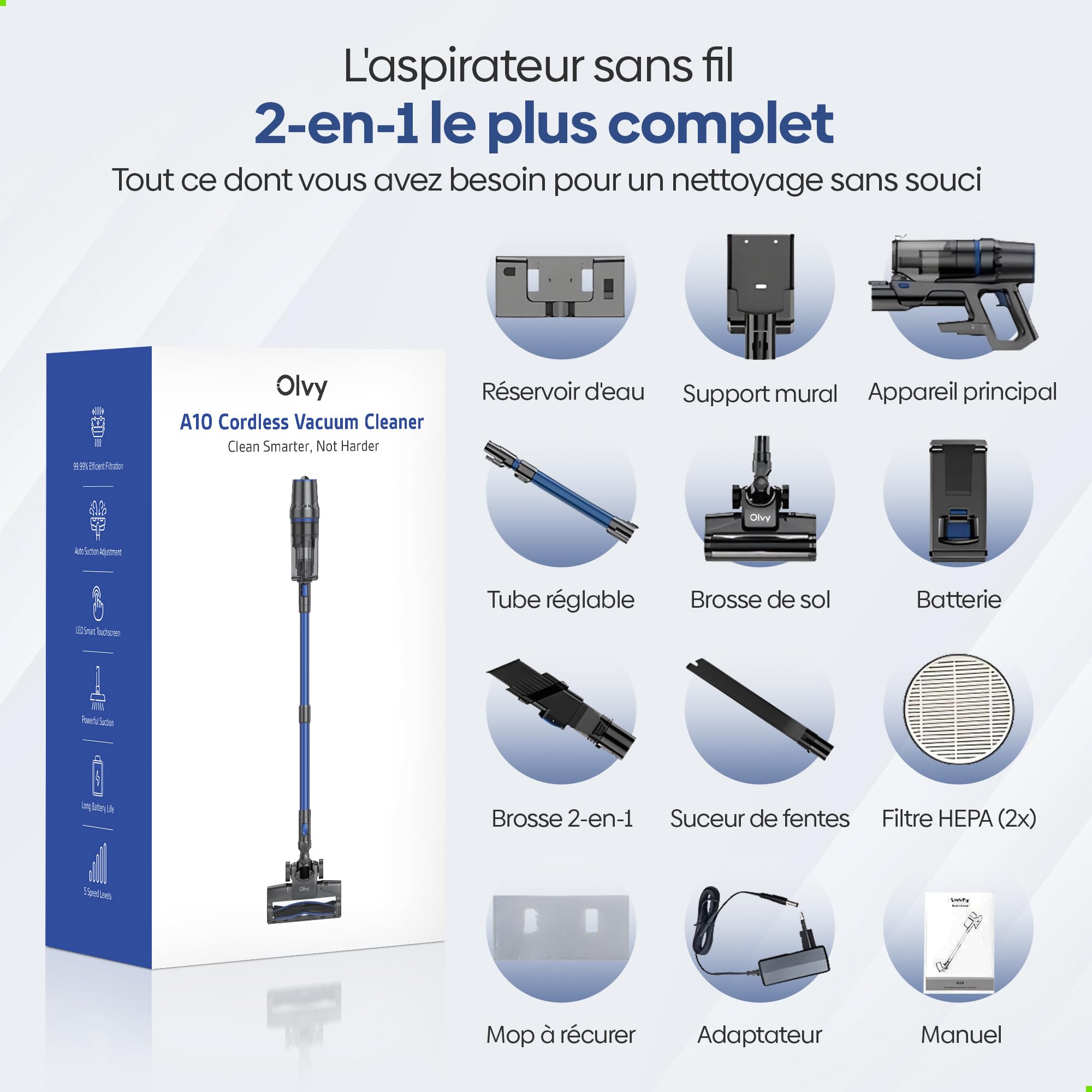 Olvy Aspirateur Balai sans Fil avec Fonction Lavage – Aspirateur 2-en-1 sans Sac – 35 000 Pa de Puissance d’Aspiration, 5 Niveaux – Écran LED – Aspirateur Léger avec Filtre HEPA & Accessoires