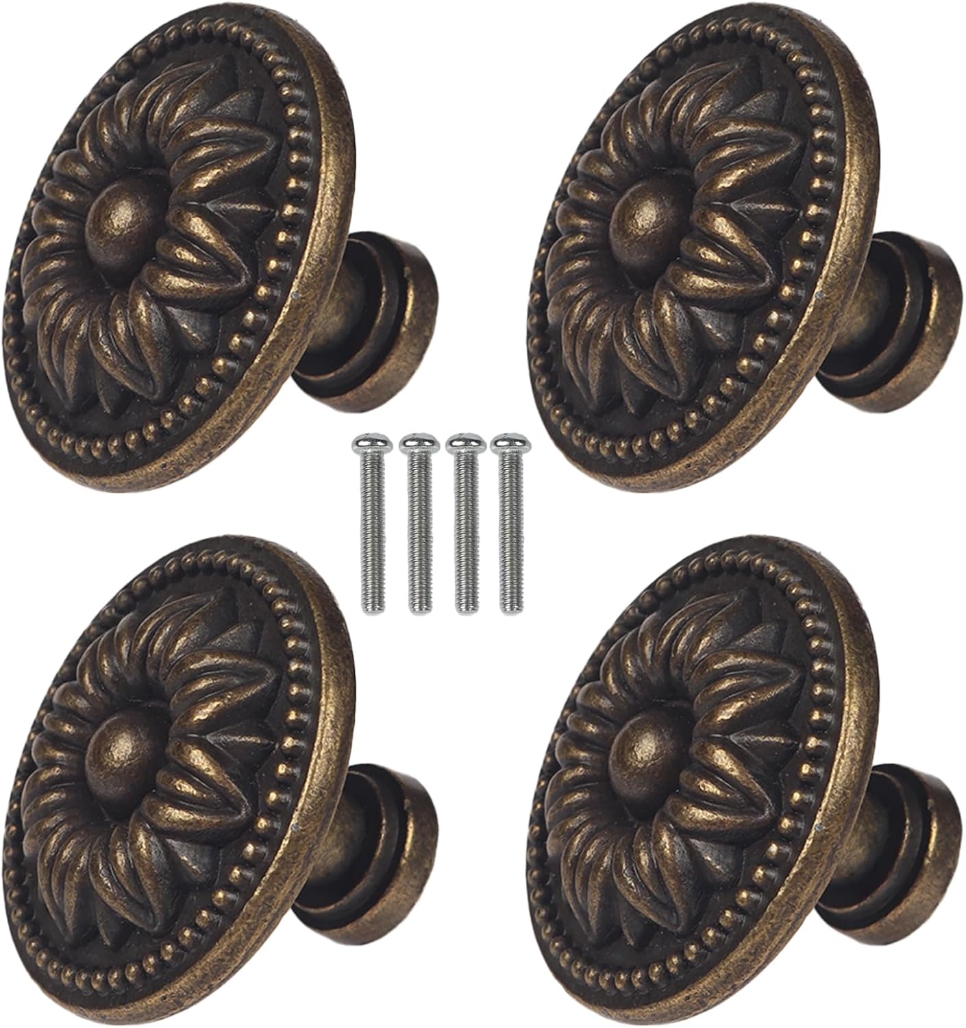 Vintage Drawer Pulls, Antique Brass Cabinet Knobs and Pulls - Flower Shape Metal Drawer Handles for Cabinets, Dressers, Furniture (4 Pack, Bronze Tone)