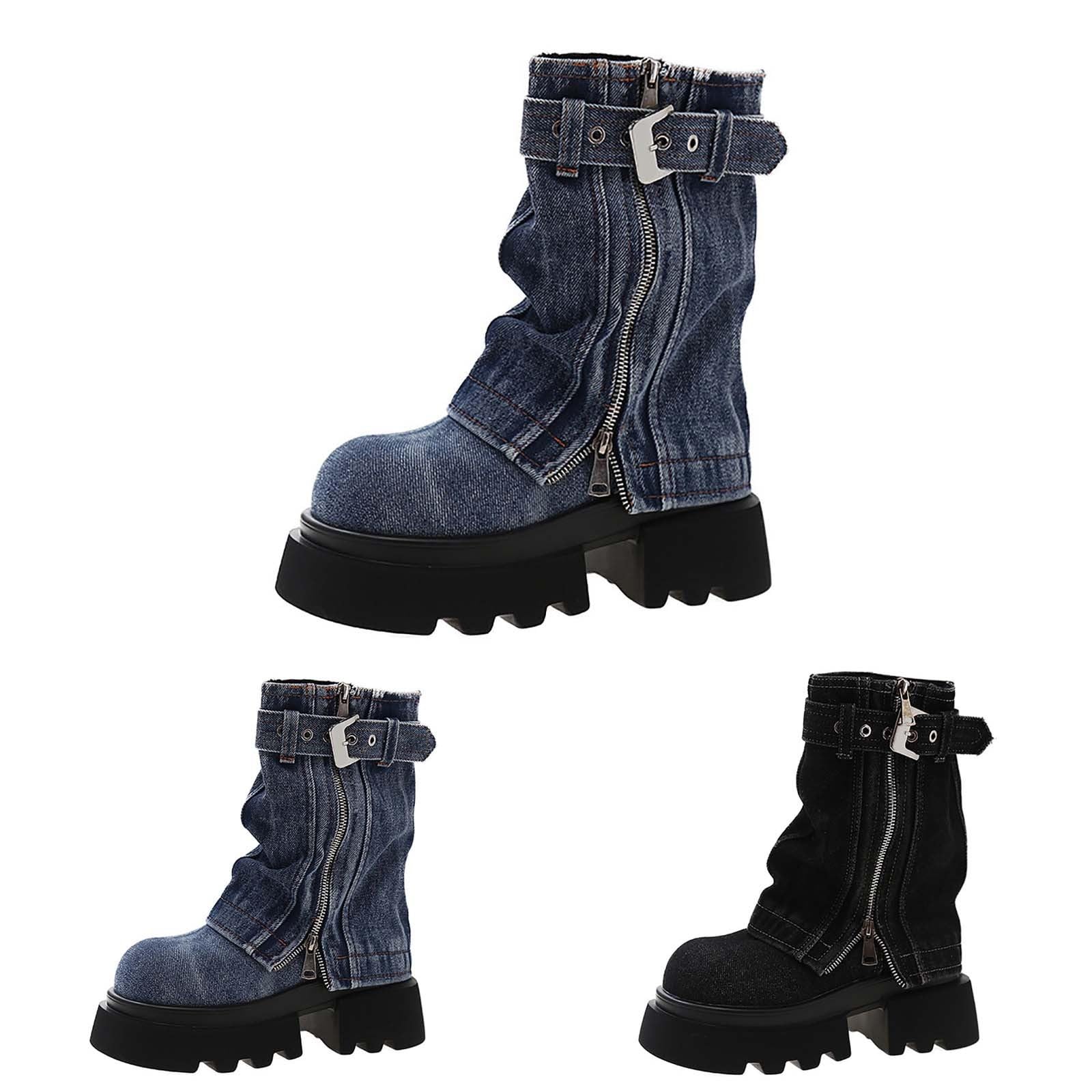 Stivali da motociclista da donna con tacco a blocco, con fibbie, plateau anteriore, stivaletti da cowboy, eleganti stivali da cowboy western, con chiusura lampo, stile retrò, da donna