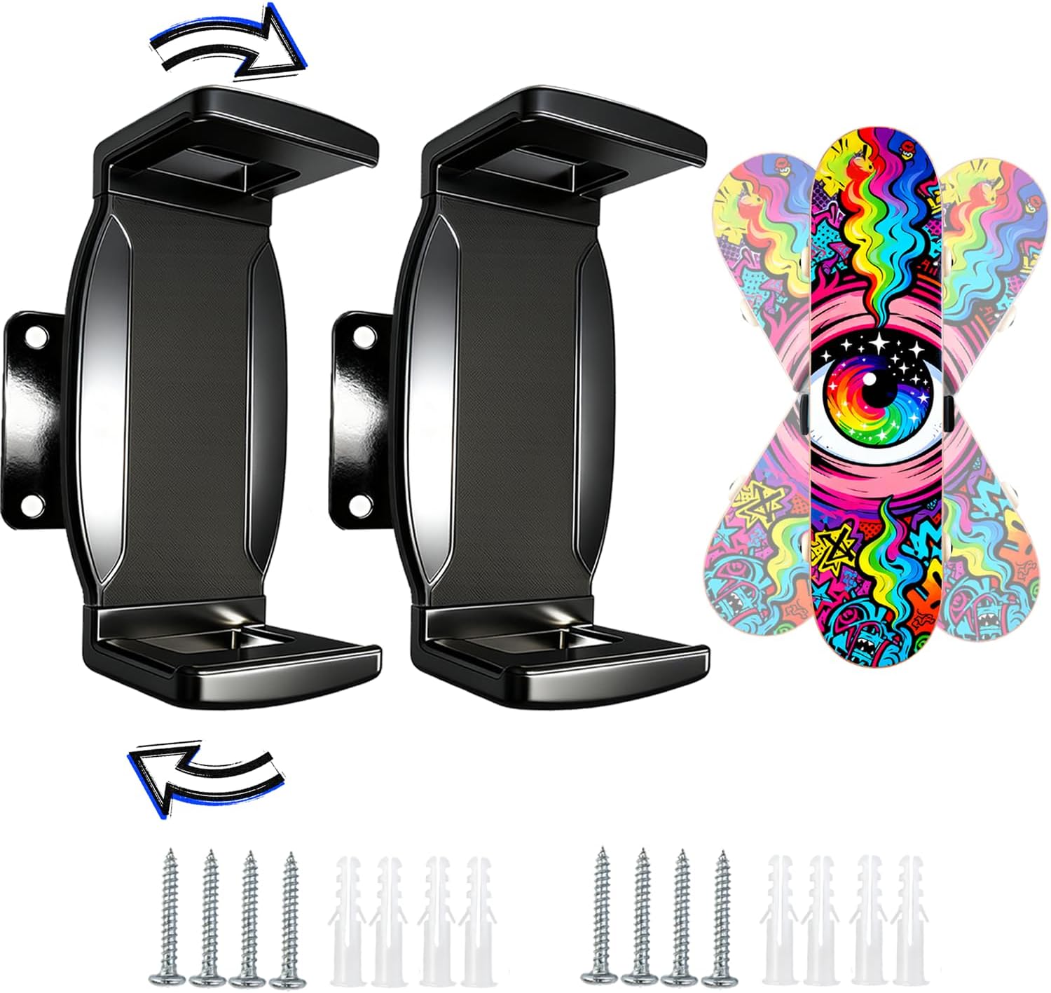 Skateboard Wall Mount - 360° Rotatable Skateboard Wall Hanger with Super Big Clips and Metal Base for Floating Display