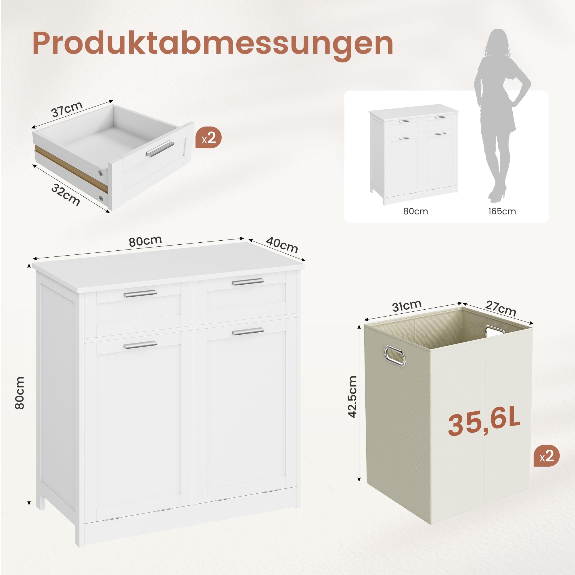 APICIZON Badezimmerschrank mit Wäschekorb, Wäscheschrank mit 2 Schubladen | 2 seitlich ausziehbaren Wäscheboxen, 2 faltbaren Wäschesäcken, Badezimmermöbel für Bad und Waschküche, 80×40×80cm, Weiß