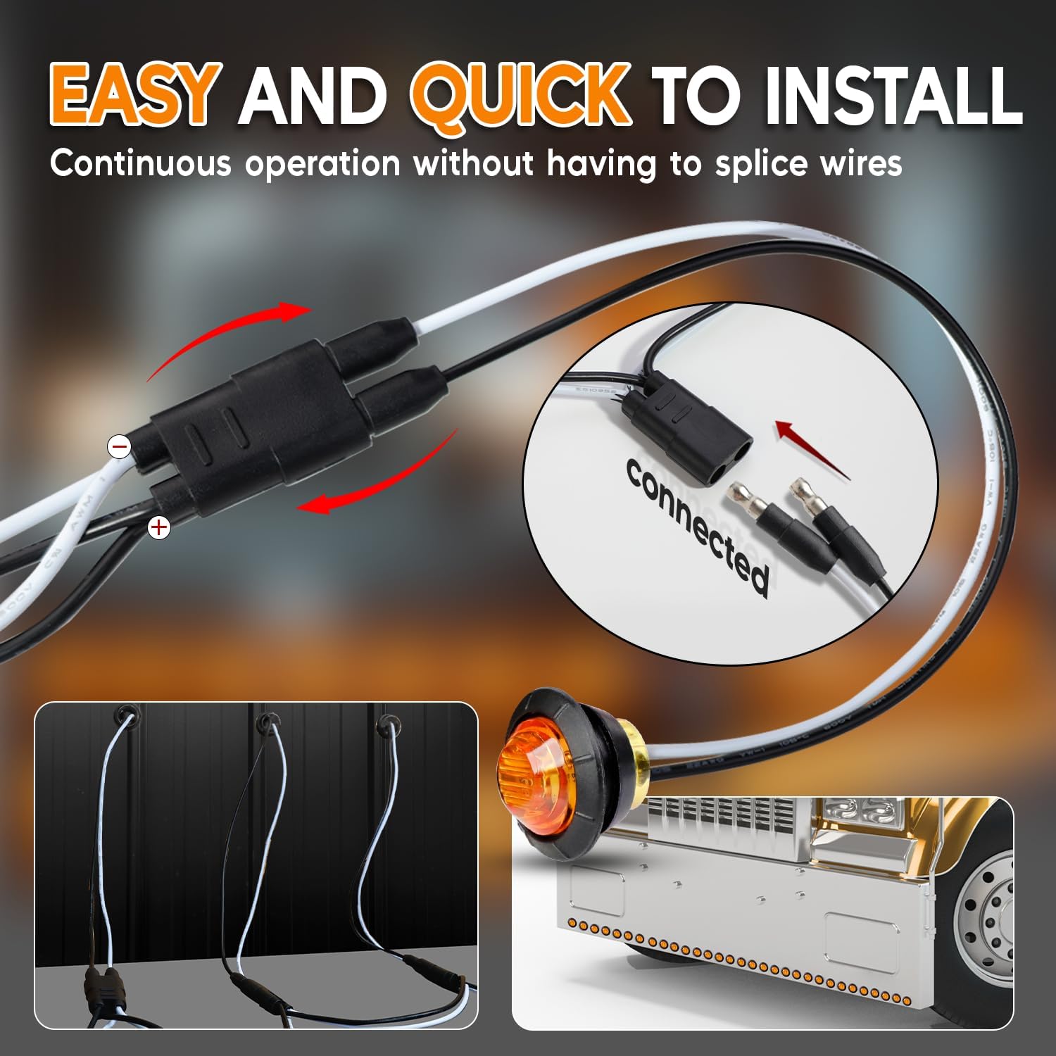 100 Pcs 3/4" Amber LED Marker Lights with DC Plug + 100 Double Female 2-Prong Harnesses – Clearance Indicator Lights for Truck, Trailer, RV, Pickup