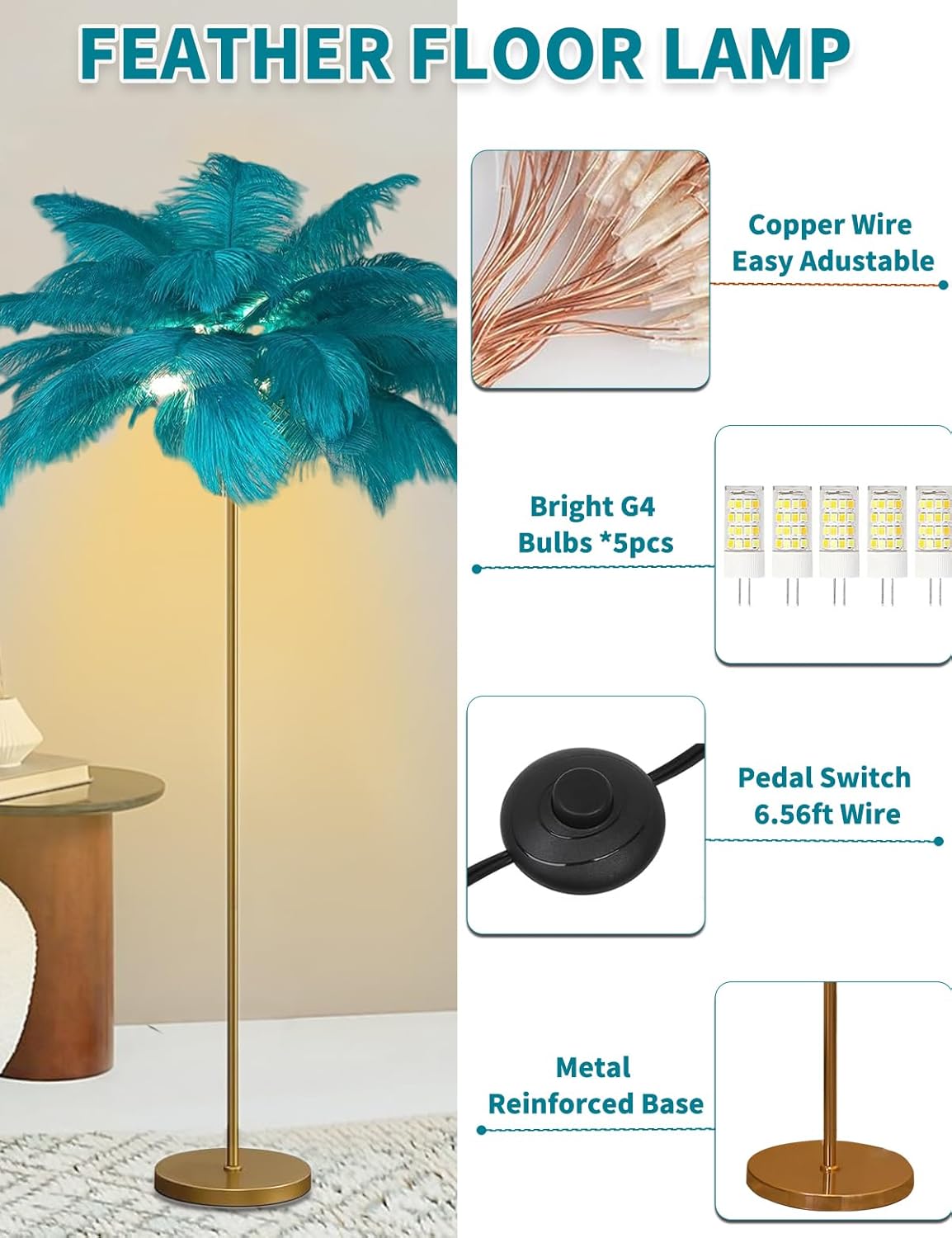 Feather Floor Lamp,Fluffy Ostrich Feather Floor Lamp for Bedroom,3 Color Temperatures Led Corner Modern Floor Lamps for Living Room Christmas Home Decor House Warming Gifts,63″ Height,50 Piece(Blue)