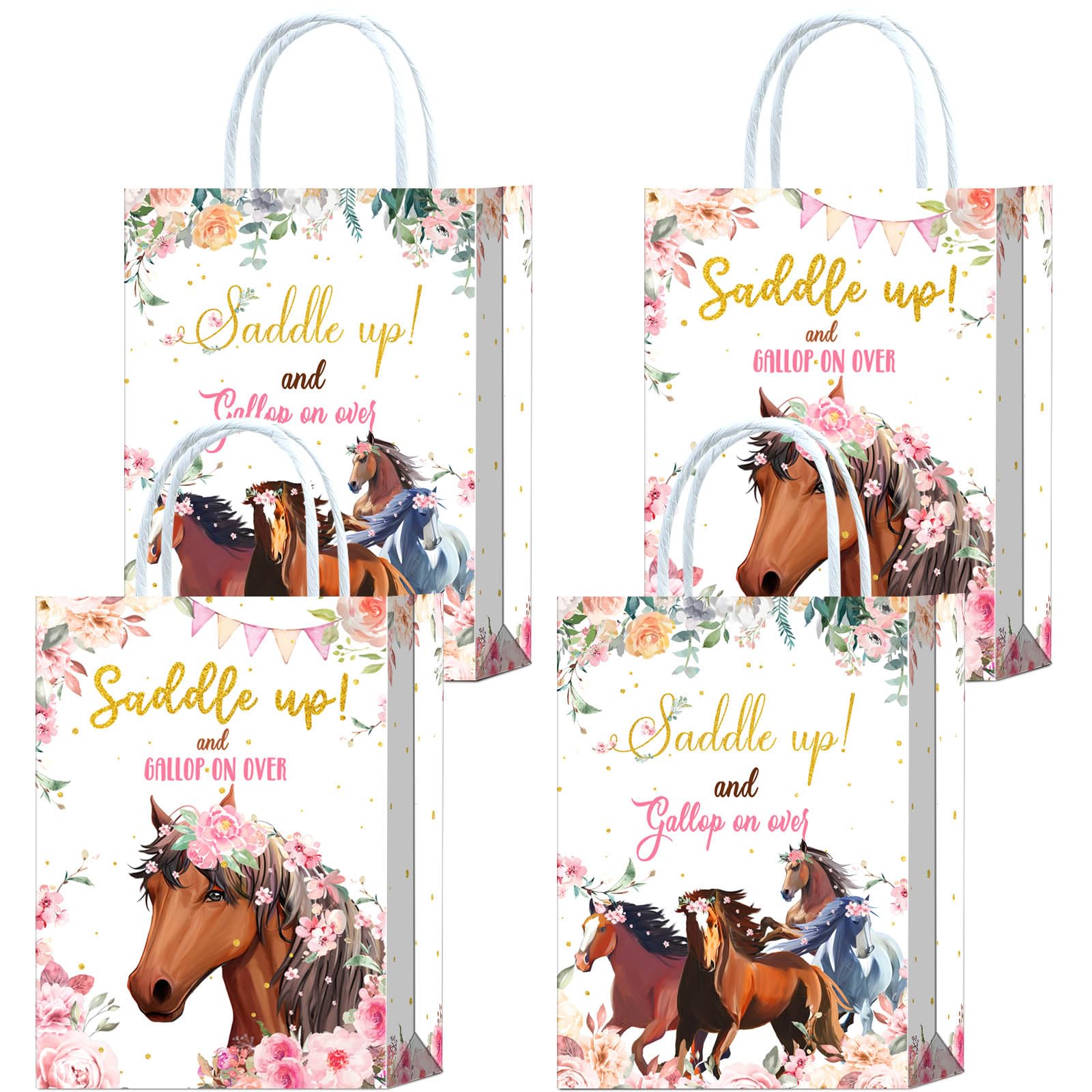 16 Pieces Horse Goodie Bags for Cowgirl Horse Birthday Party Supplies,Saddle Up and Gallop On Over Pink Floral Horse Gift Snacks Treat Candy Party Favors Bags with Handles