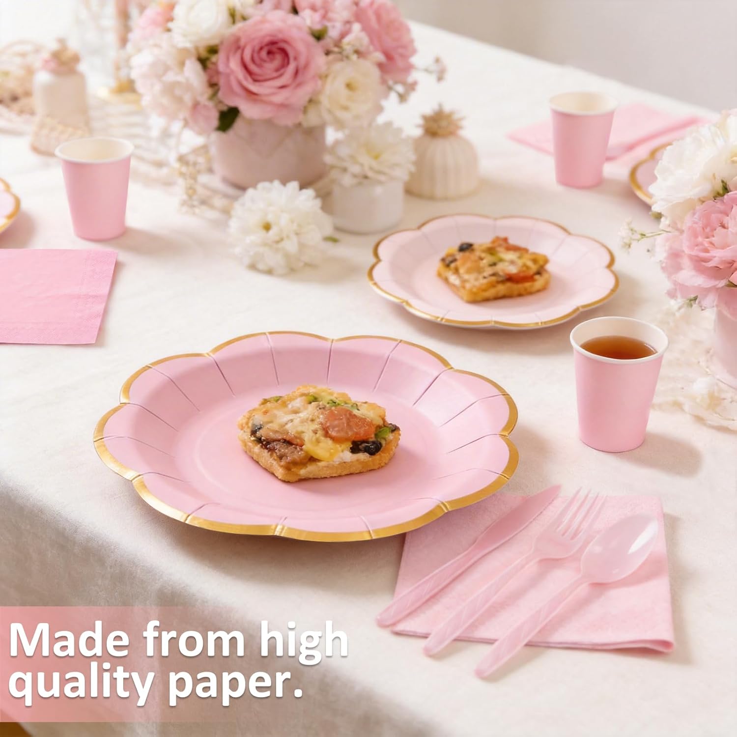 Pink Paper Plates and Napkins Party Supplies for 50 Guest, 350Pcs Pink Scalloped Party Plate with Gold Rim, Pink Disposable Plates Set for Girls Birthday Party Baby Shower Gender Reveal Bridal Shower