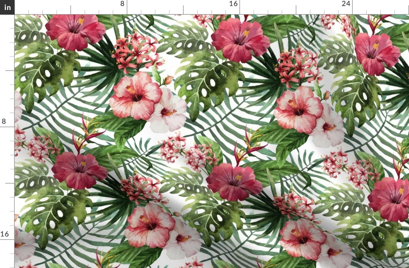 Spoonflower Fabric - Hawaii Watercolor Hibiscus Flowers Floral Tropical Summer Palm Leaf Printed on Organic Cotton Sateen Fabric by The Yard - Sewing Quilting Apparel Home Decor