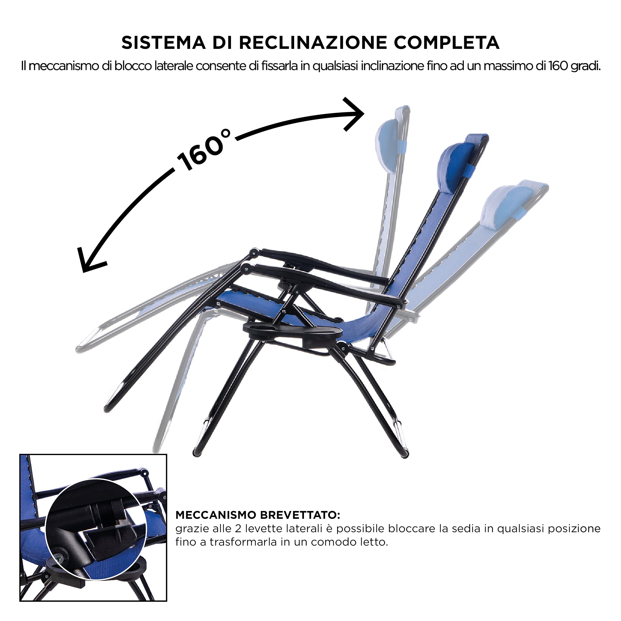 Hortan Poltrona Sdraio Relax Reclinabile Con Cuscino Imbottito, Tavolino Portaoggetti, Seduta In Tessuto Textilene E Struttura in Acciaio Con Tubolare Rinforzato, Per Casa, Terrazzo e Giardino