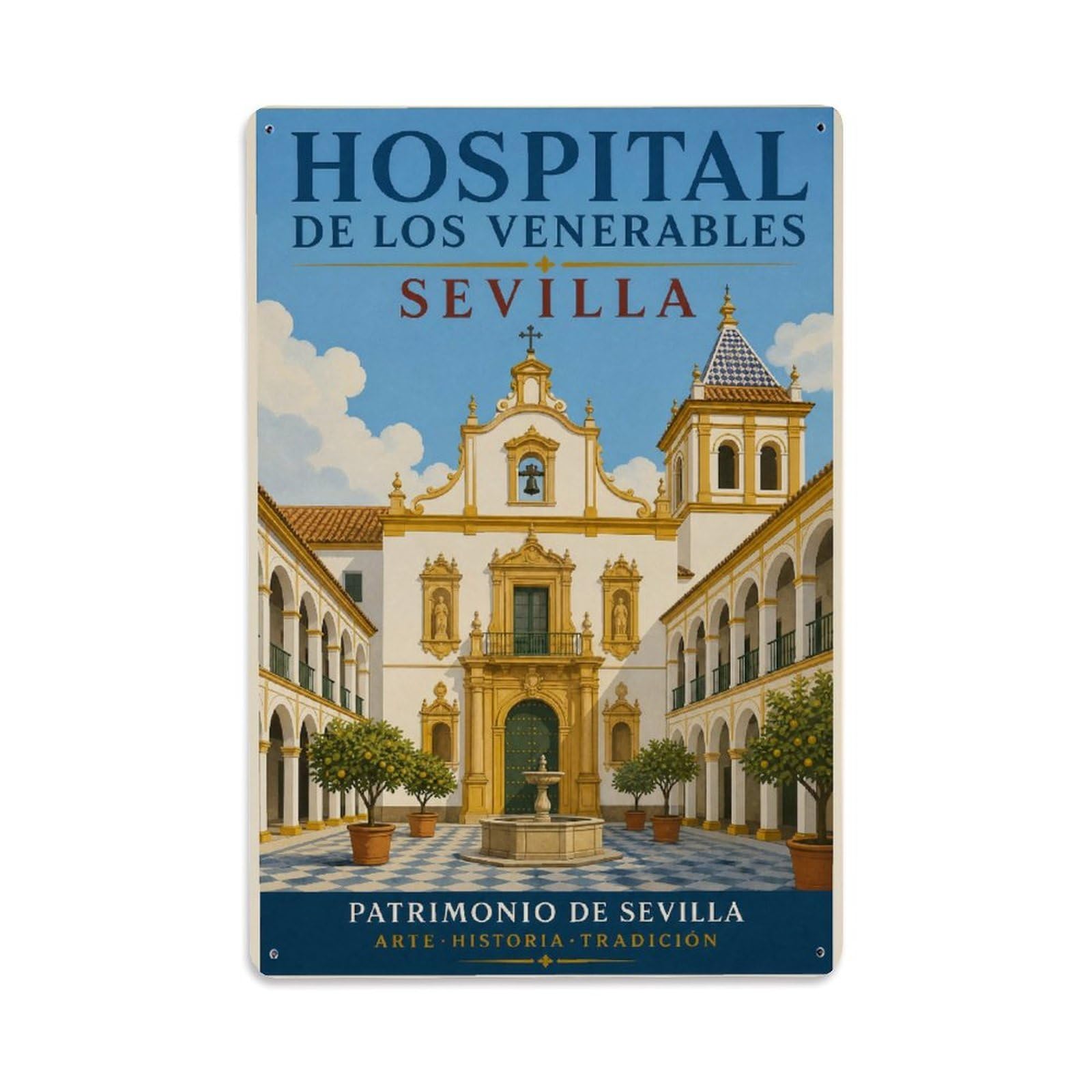 Huiyhb 8X12inch(20X30cm) Vintage Travel Hospital Venerables Seville Baroque Church Metal Tin Sign