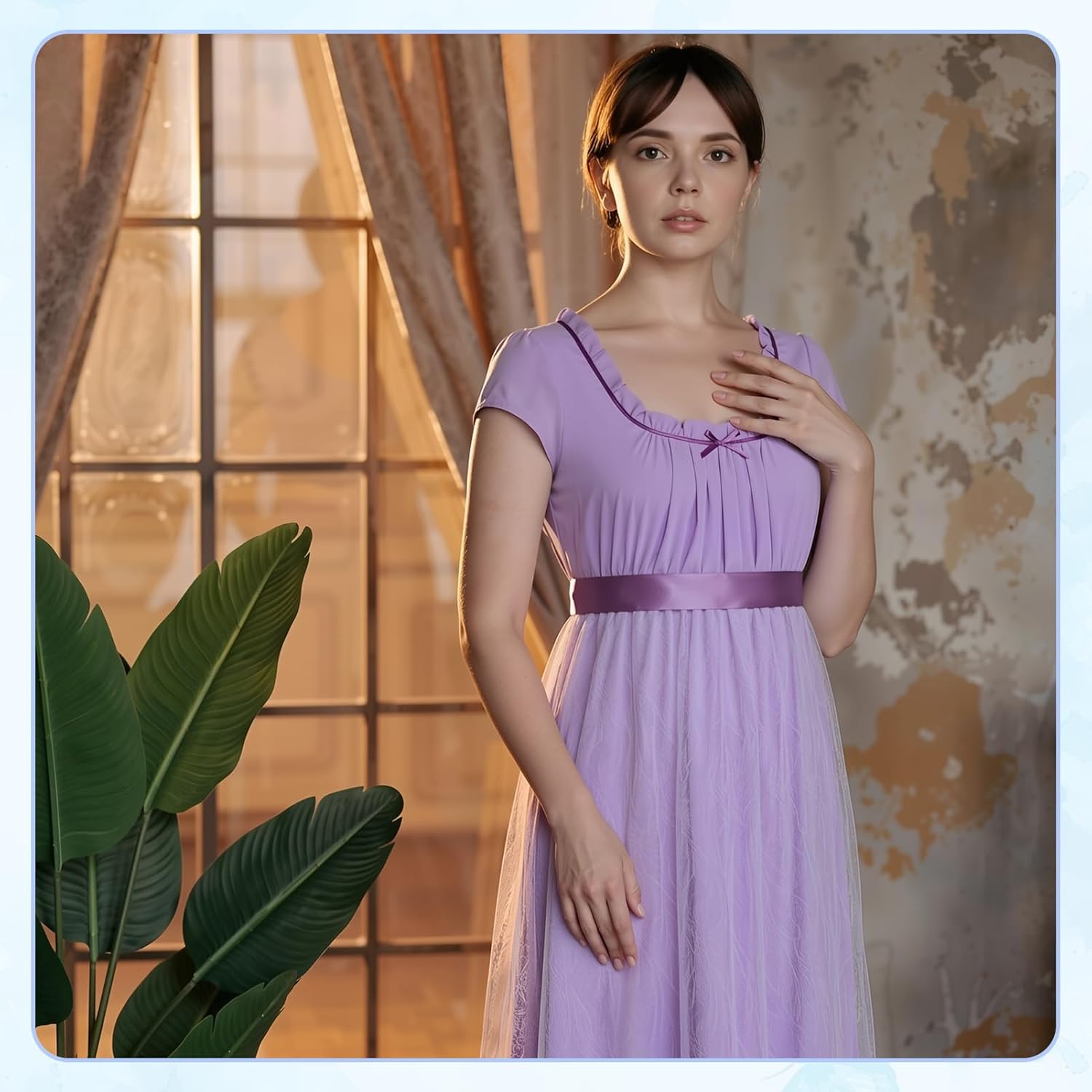 Regency Dresses for Women with Satin Sash Cap Sleeve Lace Cover Empire Waist Victorian Tea Party Gown