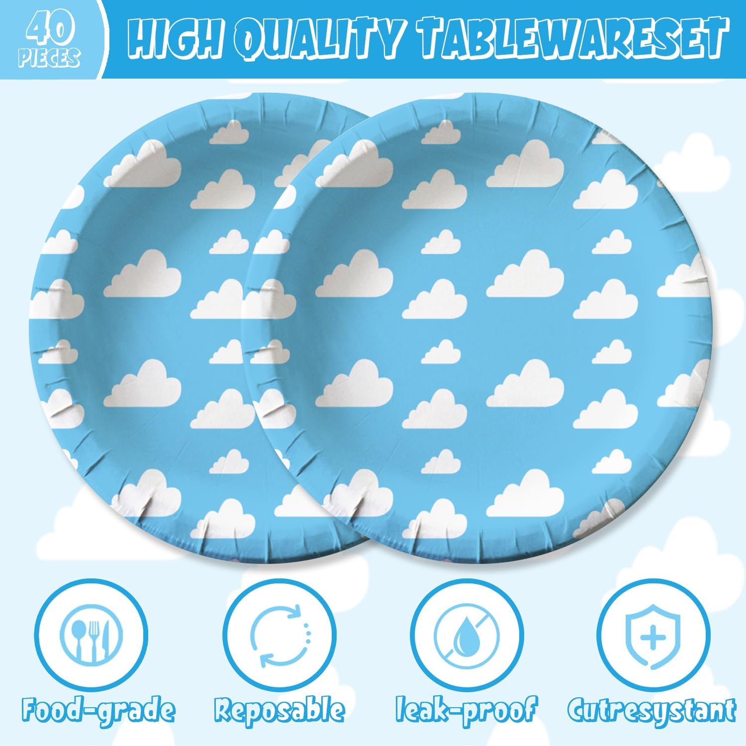 40Pcs Blue Sky White Clouds Birthday Party Decorations Cartoon Story Tableware Set Disposable Cloud Birthday Plates and Napkins Sets Party Supplies Blue Sky White Clouds Baby Shower Party Decorations - Image 3