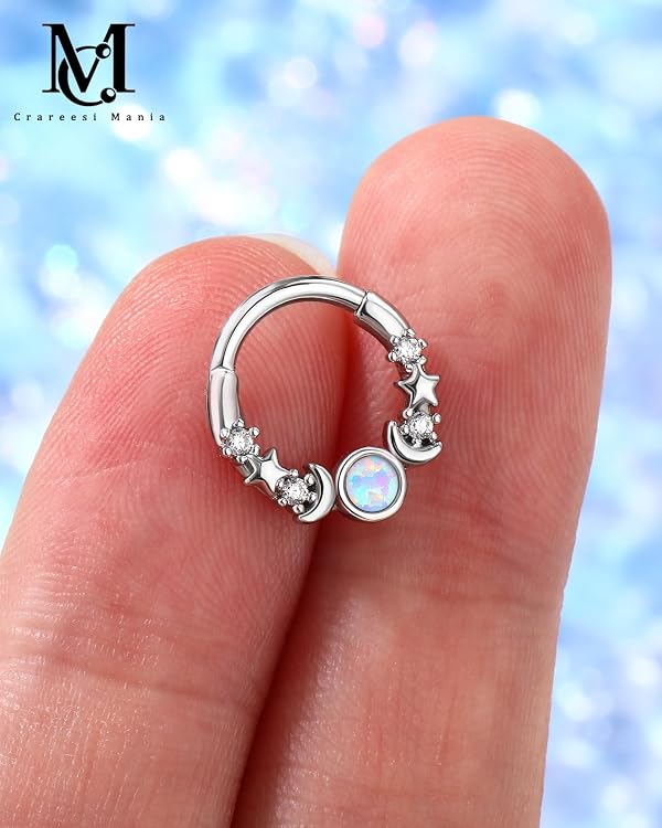 CM Crareesi Mania Moon Phase Septum Ring 16G Opal Septum Piercing Jewelry Star Daith Earrings 316L Stainless Steel 8mm Daith Piercing Hoop for Women by CM Crareesi Mania - Used condition - Image 5