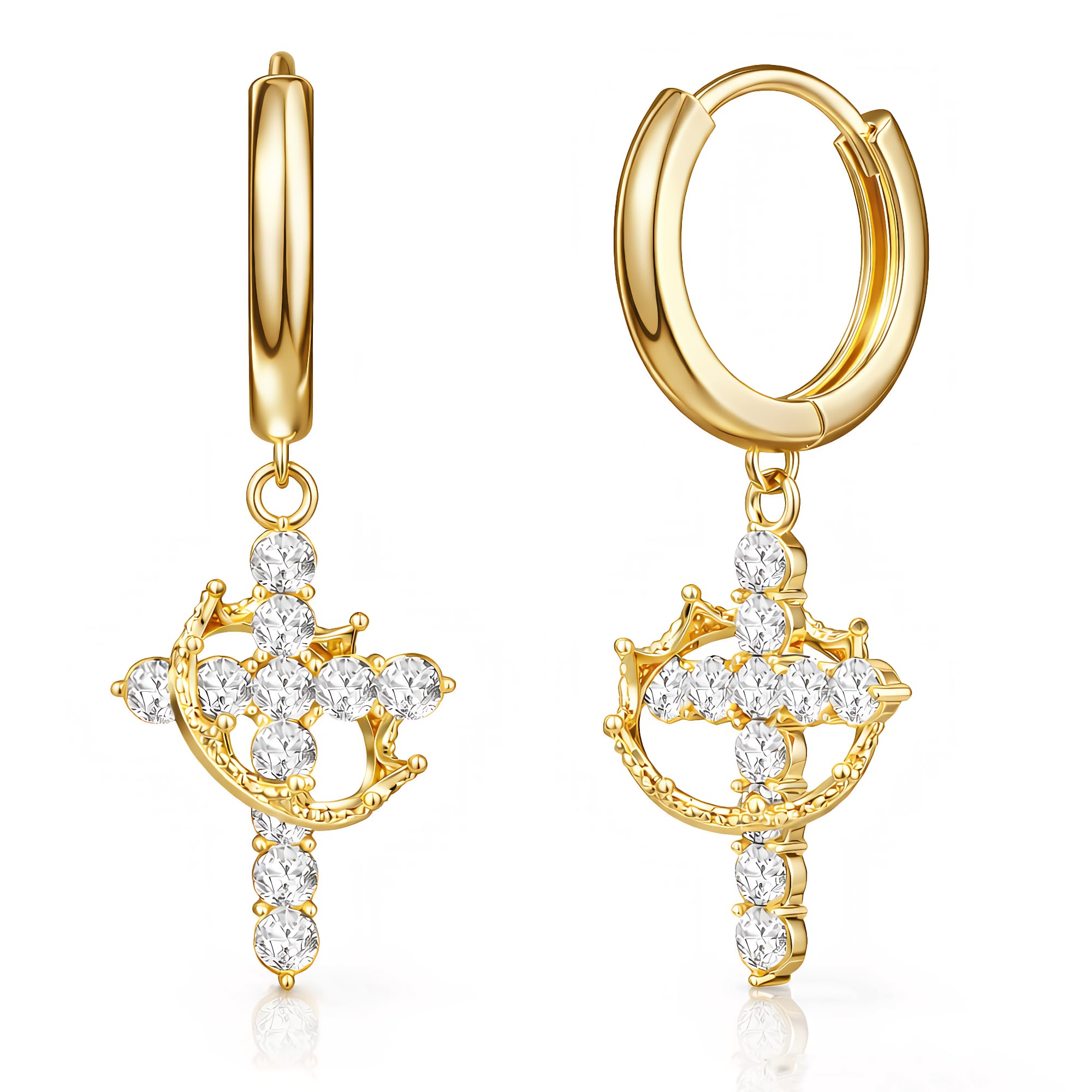 14K Gold Plated Cross Drop Dangle Earrings for Women - Trendy Dainty Huggie Hoop Earrings Dangling Religious Ornament Jewelry
