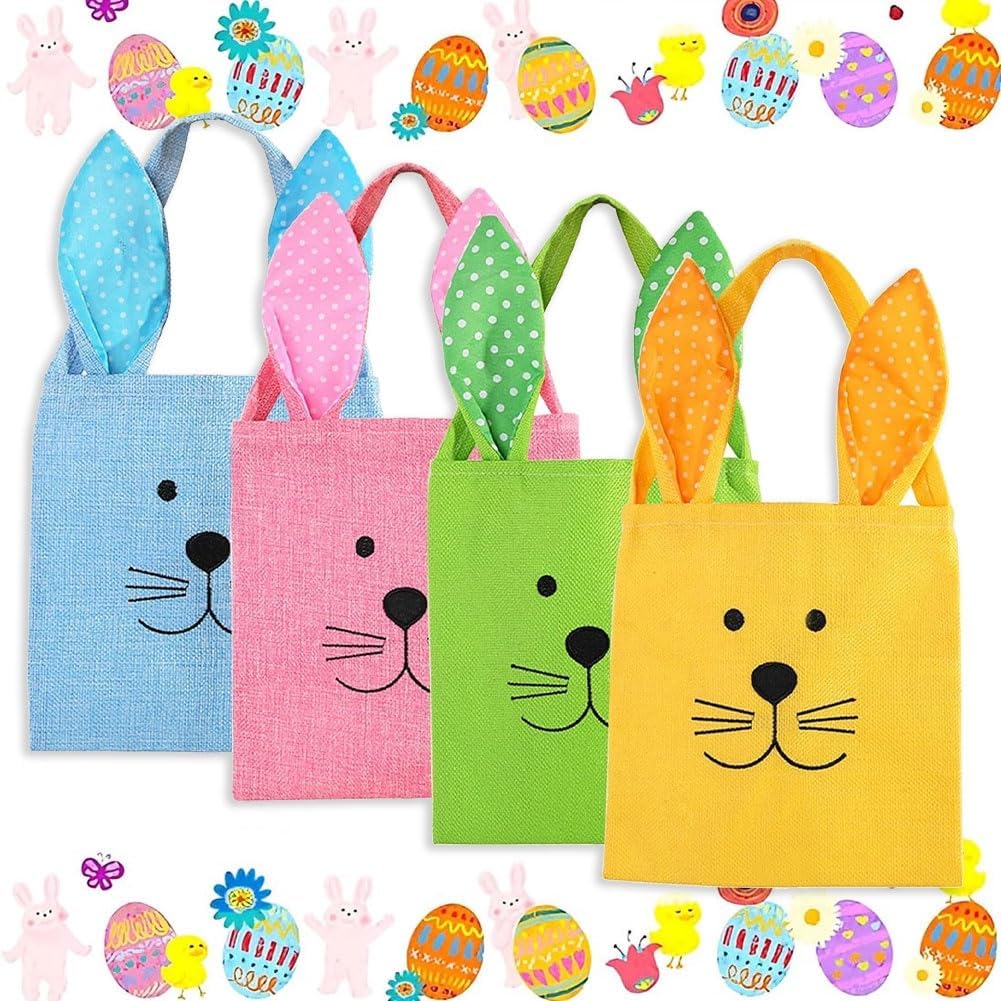 Pack of 4 Easter Bags with Ears, Easter Bunny Bags, Easter Bags, Non-Woven Fabric Gift Bag with Handles, Easter Basket with Handle, Easter Bags for Children, Easter Gifts and Easter Decoration
