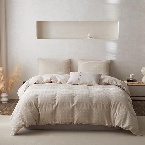 Miniatura 8 de BISELINA Juego de funda de edredón 100% algodón, tejido de gofre, 3 piezas (1 funda de edredón, 2 fundas de almohada), reversible, suave, agradable