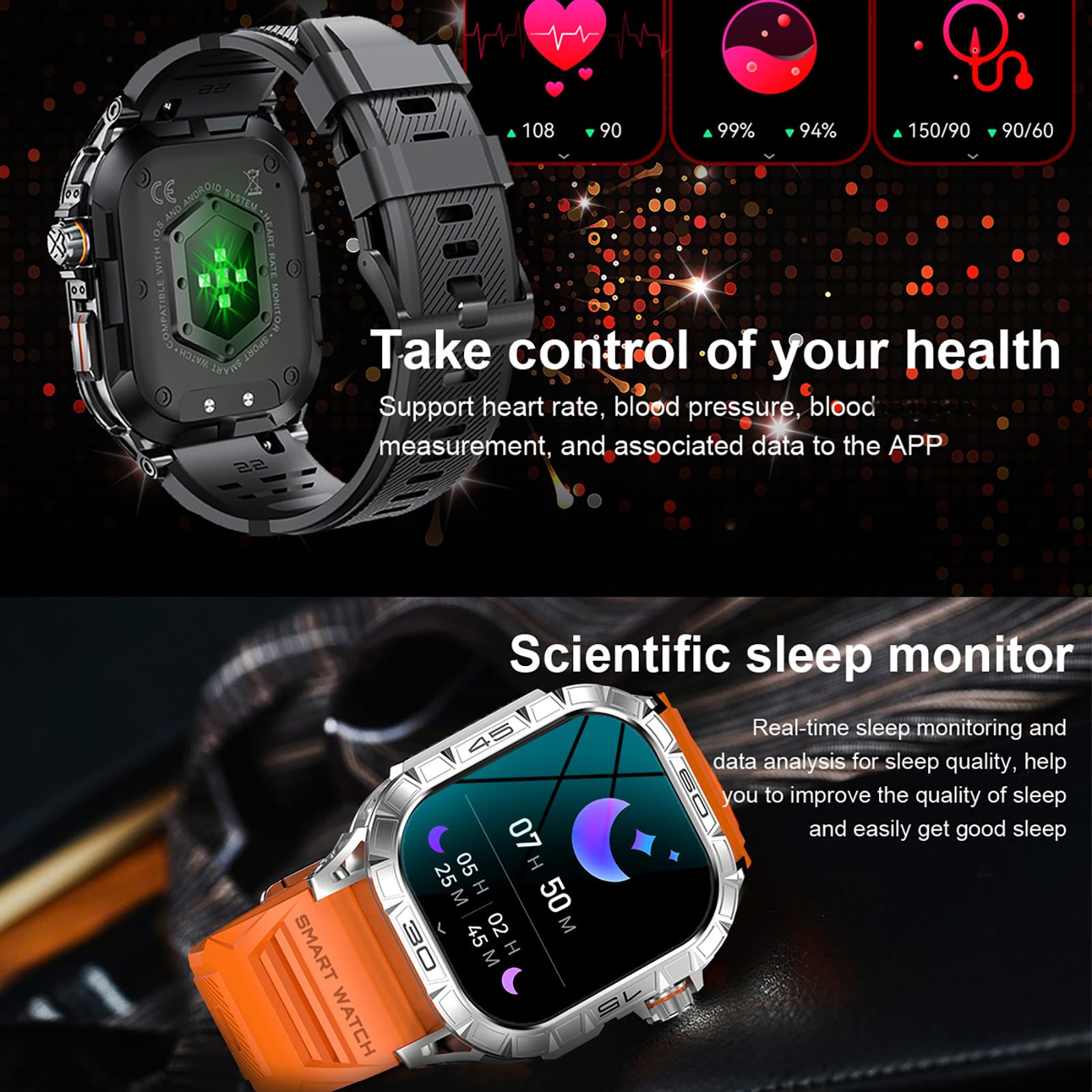 Yihou AMOLED Smartwatch Militare Uomo Chiamata Bluetooth IP68 Impermeabile Nuoto con Bussola/Frequenza Cardiaca/Pressione Sanguigna/Monitor del Sonno, Smartwatch tattico Fitness per Esterni 4.96