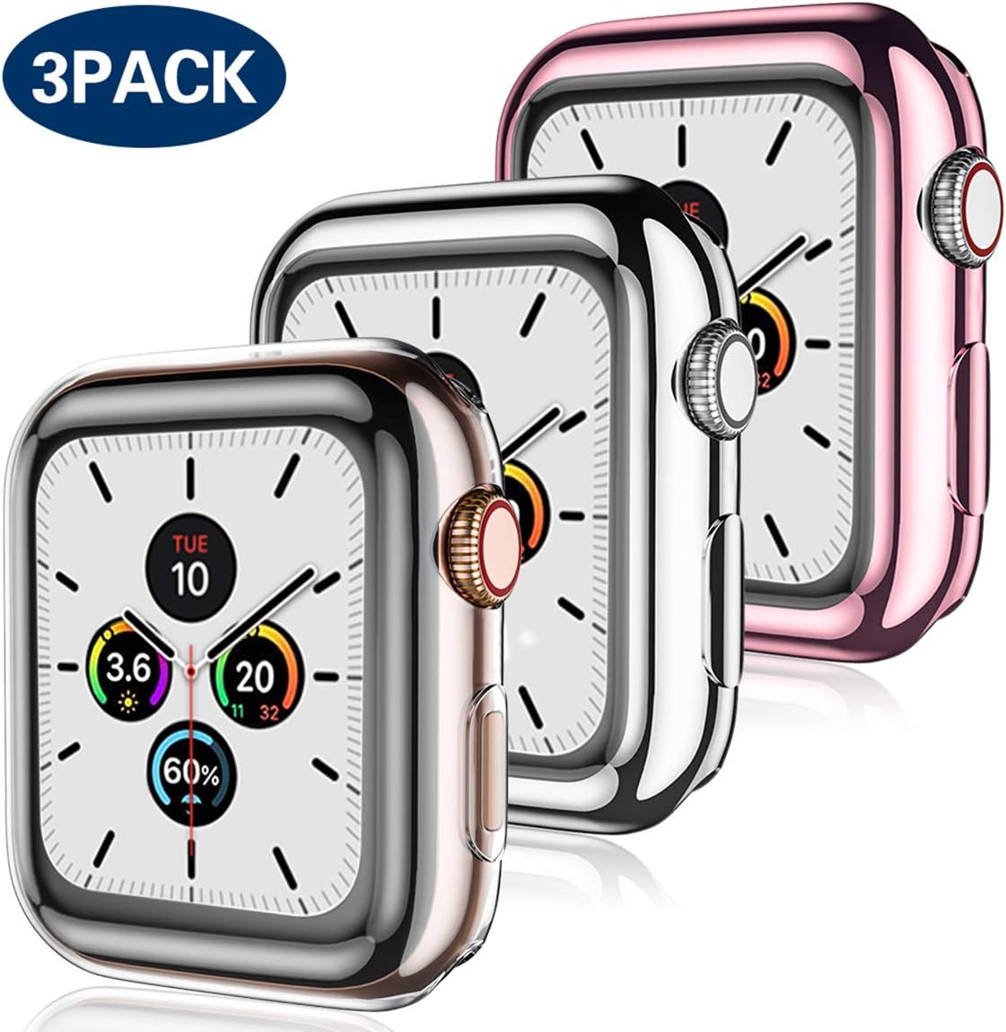 KOLEK Screen Protector Case Compatible with Apple Watch 38mm Series 3/2/1, 3-Pack Soft TPU All-Around HD Clear Protective Bumper Cover Cases for iWatch 38mm Series 3 2 1, Clear/Silver/Rose Pink