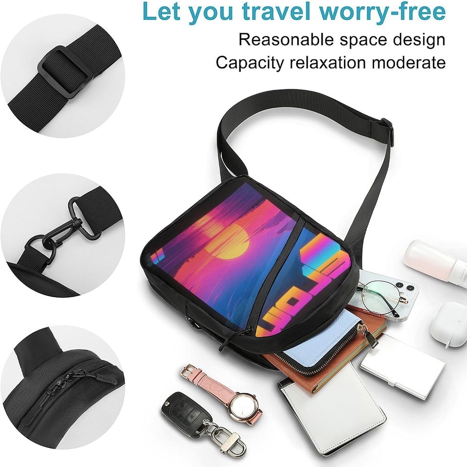 Retro Synthwave Sunset Crossbody Backpack Sling Bag