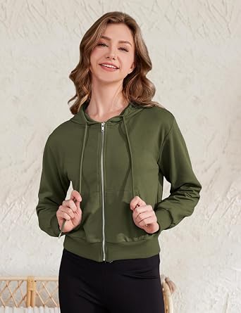 Yimoon Zip Up Hoodie Women Cropped Casual Sweatshirts Workout Long Sleeve Drawstring Hooded Jacket Crop Tops