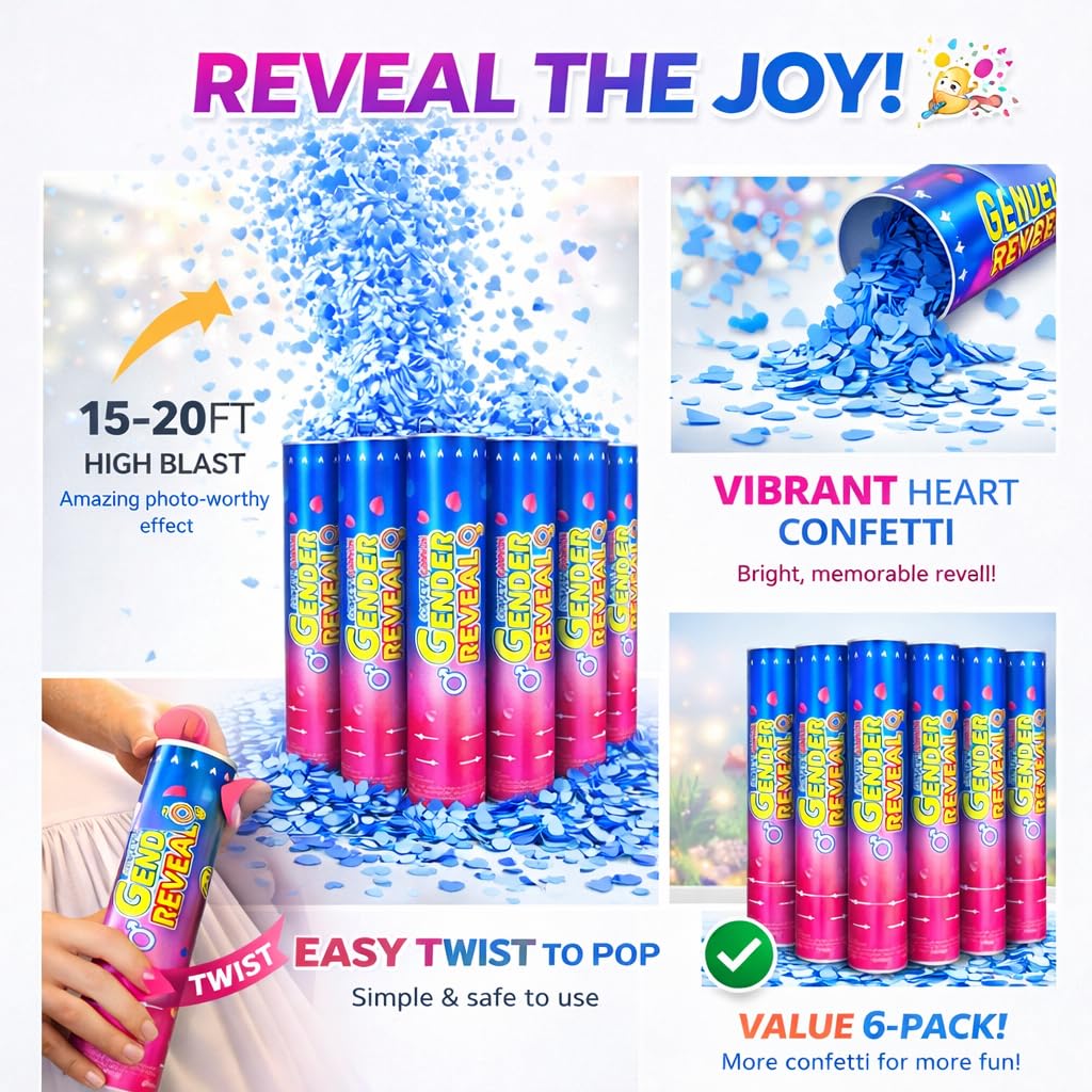 Gender Reveal Konfetti Kanonen - 6 Pack Blau Party Poppers - Baby Boy Gender Reveal Cannon Kit mit herzförmigem Konfetti - Easy Twist Shooters für Baby Reveal Party Dekorationen