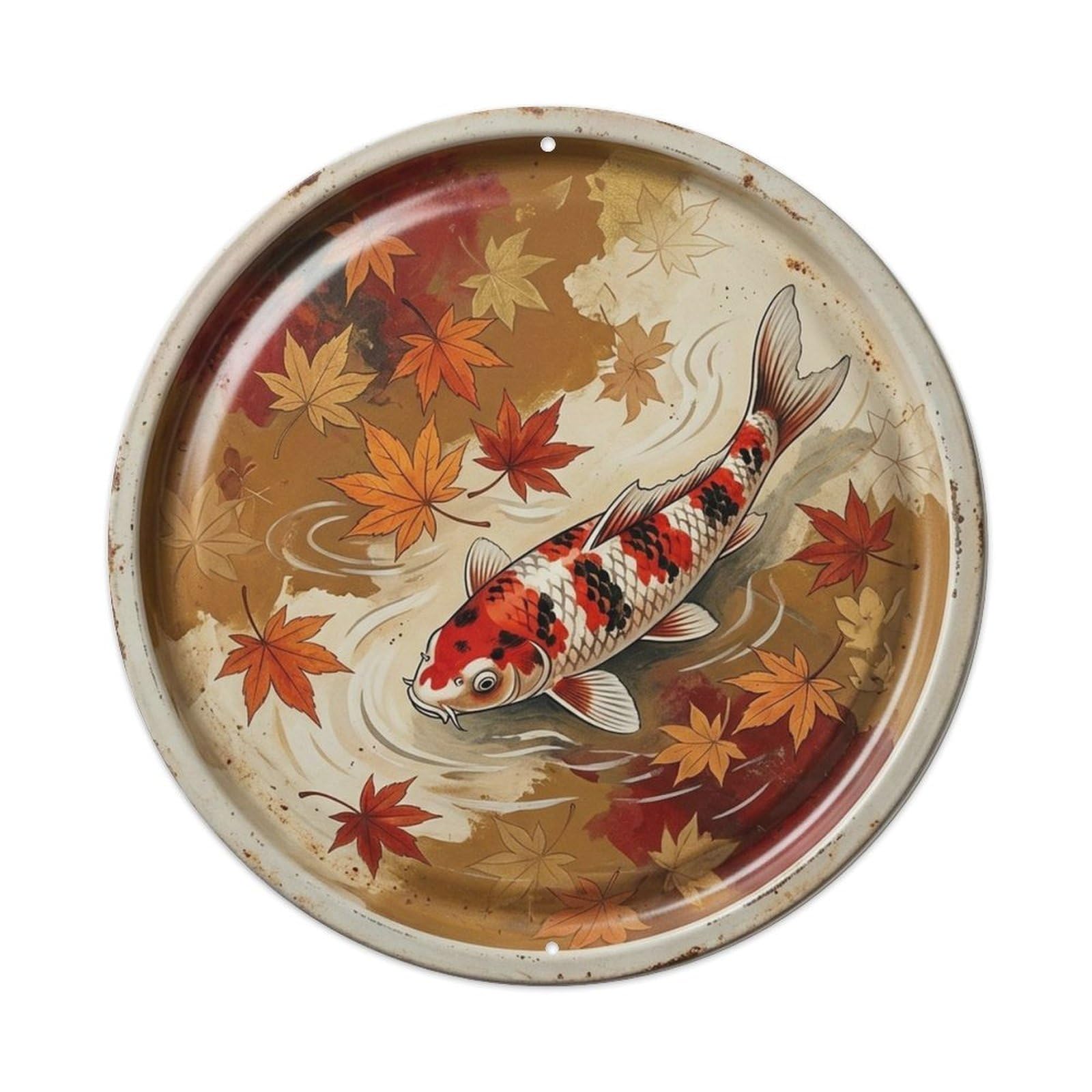 Oriental Koi Fish Ochre Autumn Leaves Japanese Garden Metal Tin Sign Plaque Wall Decor for Cafe, Man Cave, Club Bar, Office, Home Garden Round Metal Poster 8x8Inch