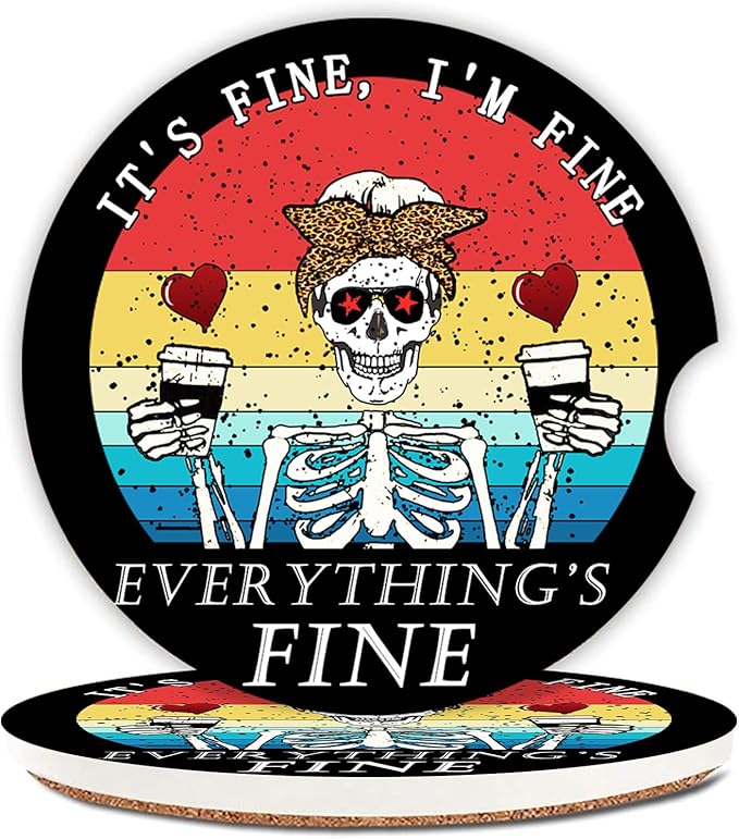 Funny Skull with Coffee Ceramic Cup Holders Car Coasters Set for Women/Men,2.56