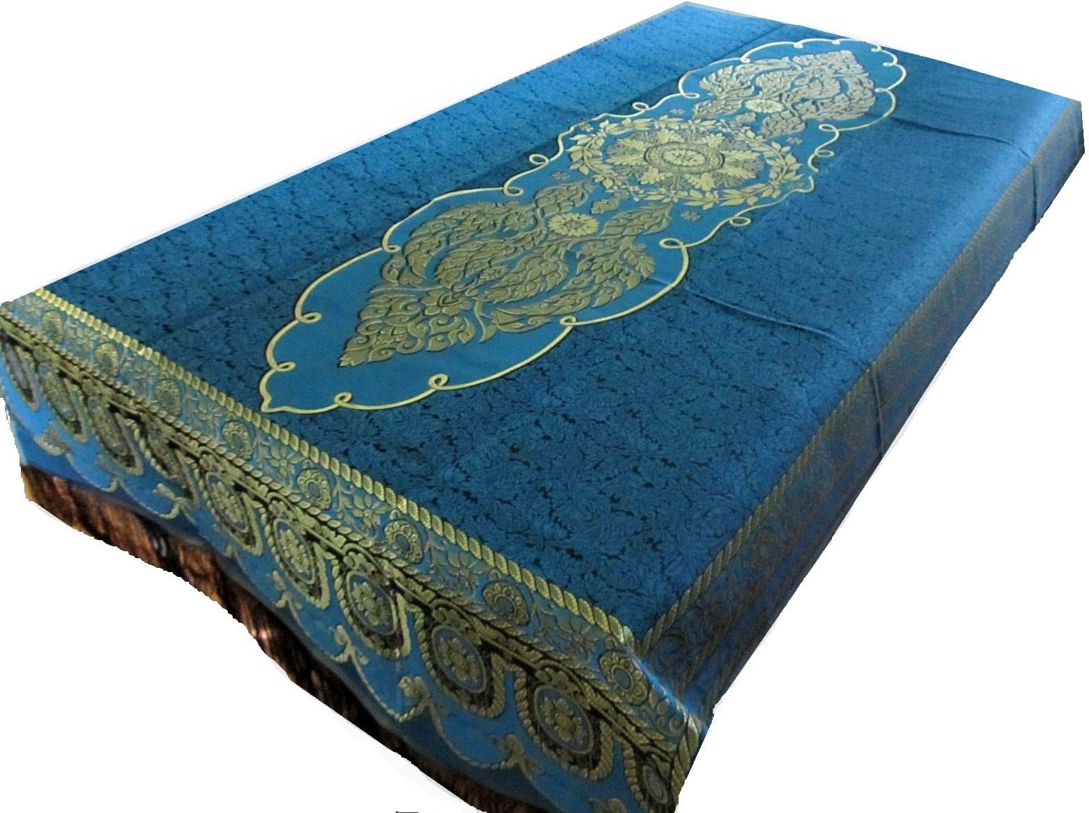 Embroidered Gold Brocade Floral Tablecloth - Thai Persian Table Cover - Wedding Party Dining Room - Rectangle - 80x40 Inches (Aqua Blue)