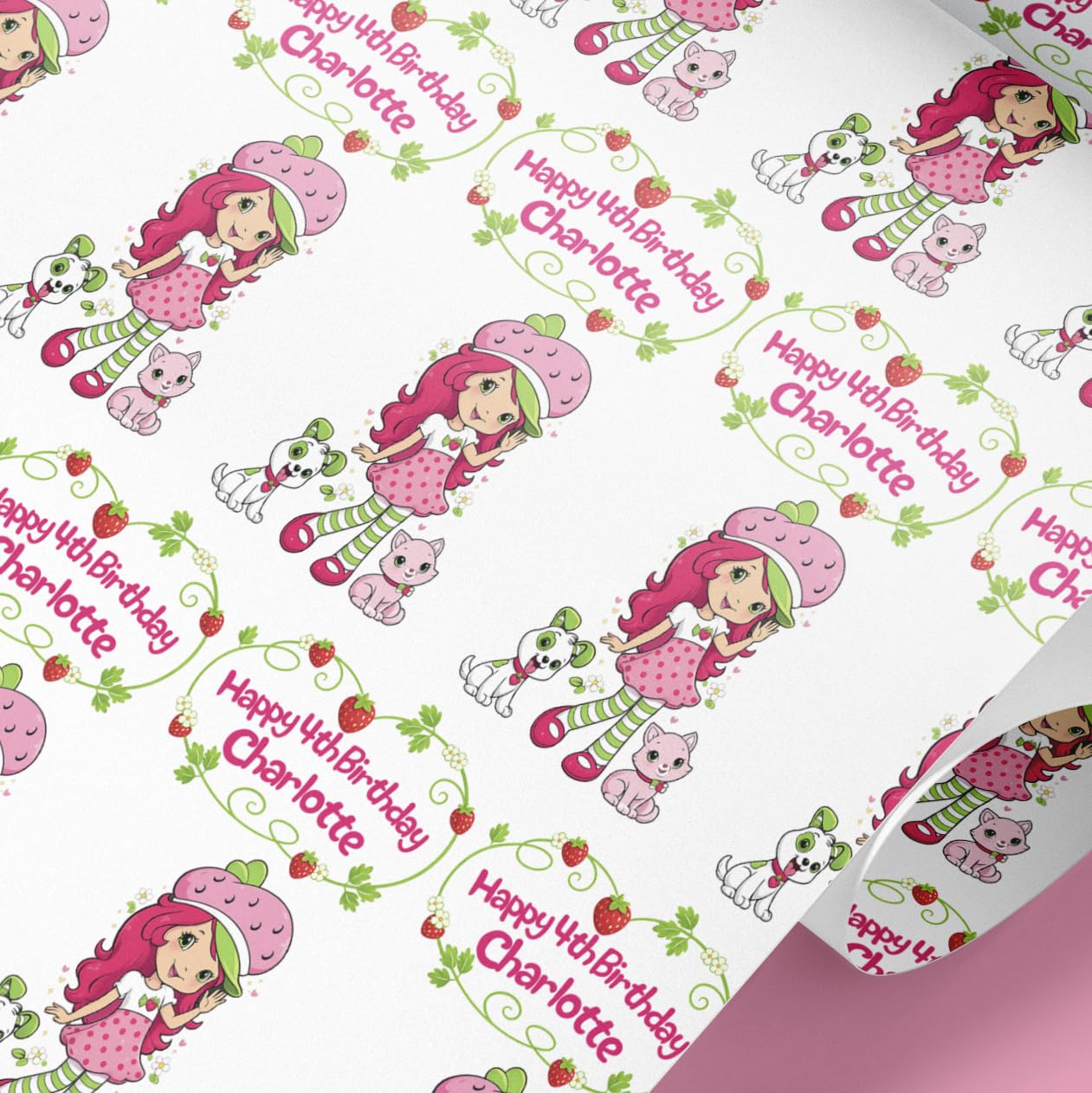Personalised Strawberry Girl Wrapping Paper – Cute Children’s Birthday Gift Wrap – Any Name & Age – Custom Kids Birthday Wrapping Paper (8mt)