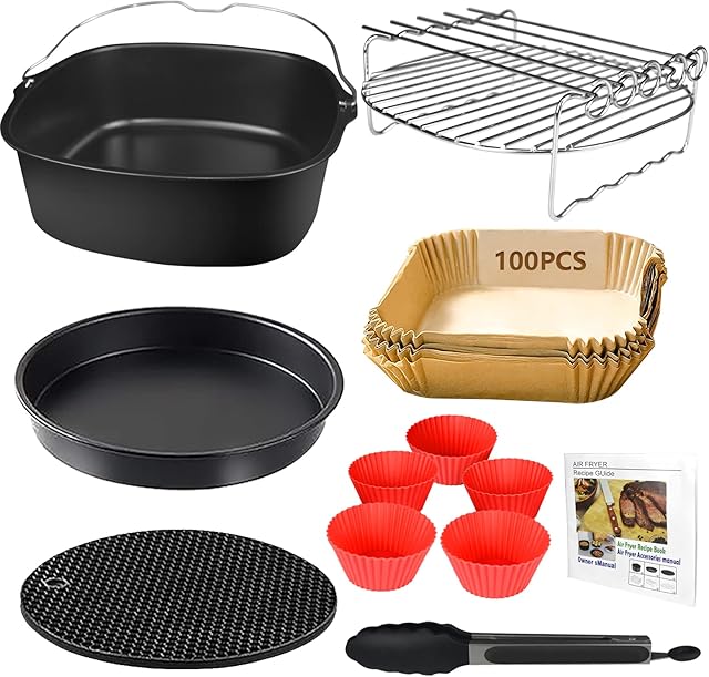 YINGRACE Air Fryer Accessories, 12 PCS Air Fryers Accessory Set Compatiable for Cosori 5.5L, Tower 7L, Phillips 7.3L, Instant Pot Proscenic Salter 5.5L-6.5L Square Basket Airfryer, Non-Stick No-BPA